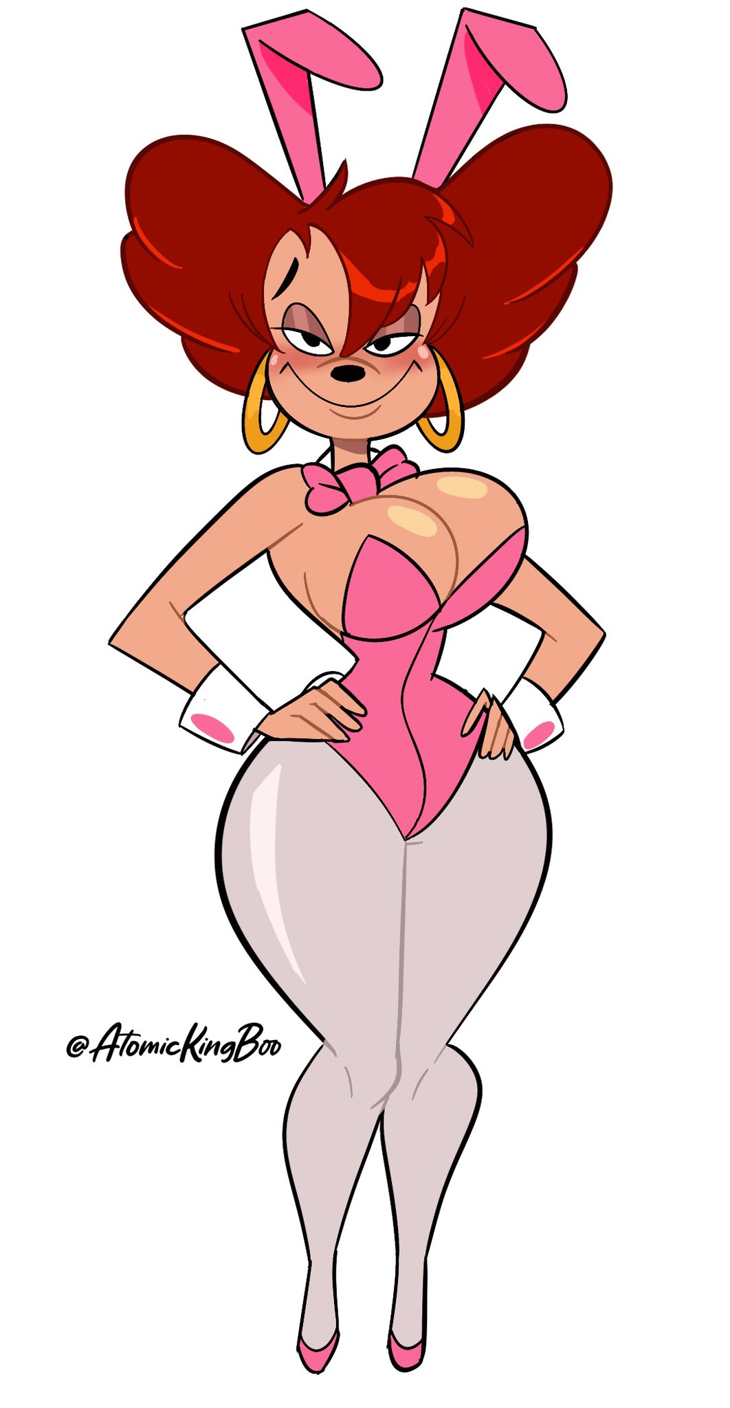 1girls, artist name, atomickingboo, background, big breasts, breasts, bunny costume, bunny ears, bunny girl, bunnysuit, bursting breasts, busty, cleavage, clothing, disney, ear piercing, earrings, female, goof troop, hourglass figure, legs, looking at viewer, mature, mature female, milf, mother, pantyhose, peg pete, piercing, short hair, smile, thick legs, thick thighs, thighs, upper body, watermark, white background