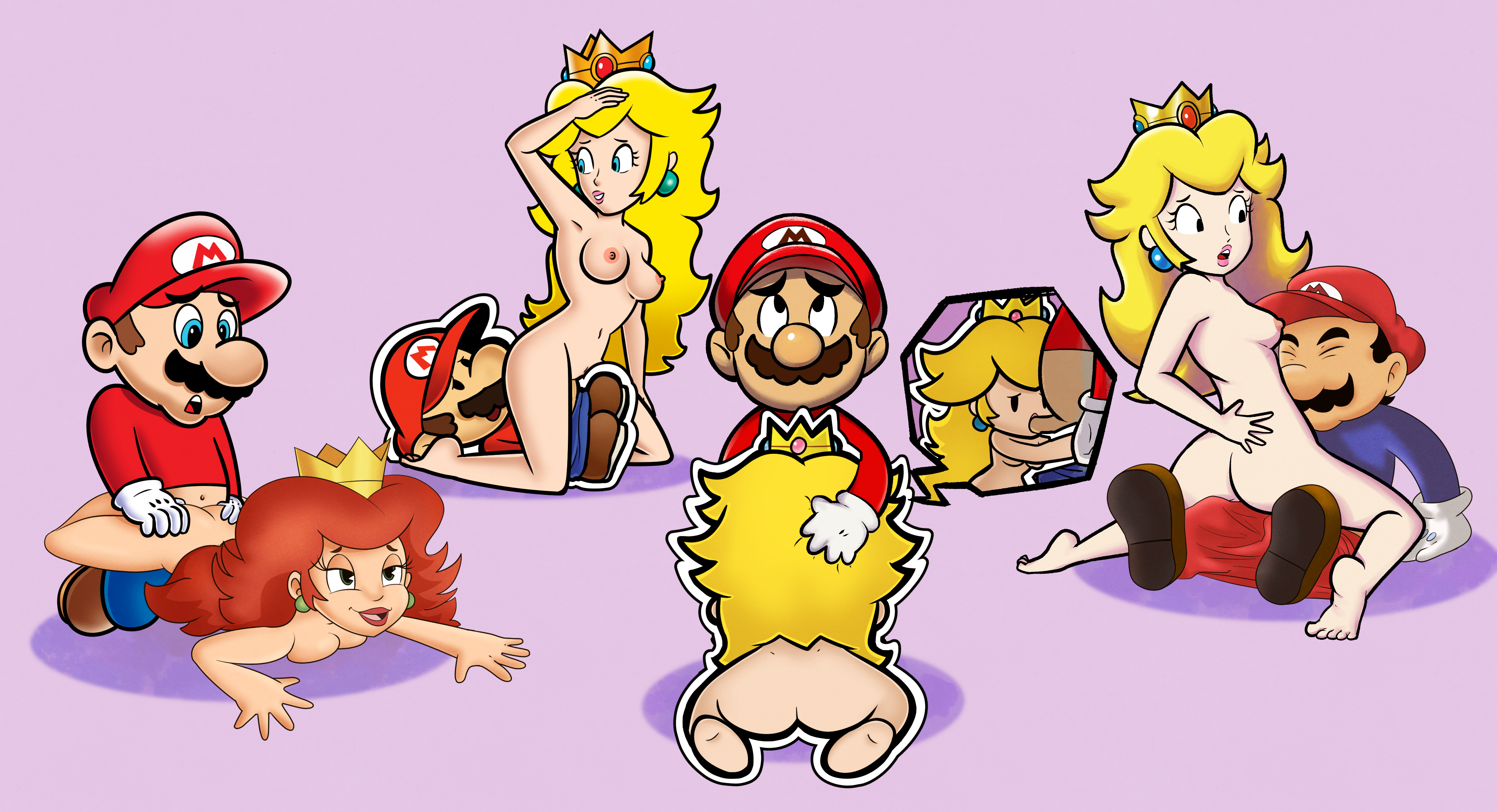 4boys, 4girls, anal, ass, barefoot, bedroom eyes, black eyes, black hair, blonde hair, blowjob, blue eyes, blue shirt, breasts, brown hair, brown shoes, cap, closed eyes, clothed, clothed male, clothed male nude female, clothing, crossover, crown, dominant male, earrings, fellatio, female, gloves, group, group sex, half-closed eyes, hat, headwear, in-franchise crossover, light skin, light-skinned female, light-skinned male, lipstick, long hair, long sleeves, looking at another, male, mario, mario (series), mario and luigi (series), monke brush, multiple boys, multiple females, multiple girls, multiple males, mustache, naked, naked female, nintendo, nude, nude female, nude female clothed male, official style, on model, open mouth, orgy, overalls, pac-man eyes, paper mario, paper peach, pearl earrings, penis through fly, pink lipstick, princess peach, princess toadstool, princess toadstool (dic cartoons), red hair, red lipstick, red shirt, shaved pussy, shoes, simple background, square crossover, submissive female, super mario bros., swingers, teeth, the super mario bros. super show!, thick thighs, trousers, upper teeth, white gloves, wide hips