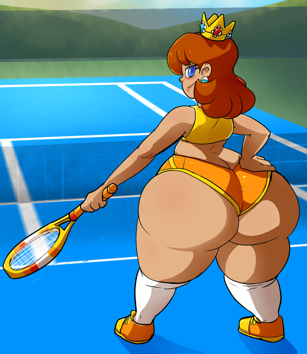 1girls, ass, ass cleavage, ass crack, ass focus, bare legs, big ass, big butt, blue eyes, bottom heavy, bubble ass, bubble butt, butt crack, crop top, crown, earrings, fat ass, fat butt, female, female only, huge ass, huge butt, huge thighs, hyper, hyper ass, large ass, large butt, looking at viewer, looking back, mario (series), mario tennis, massive ass, nintendo, princess, princess daisy, round ass, royaloppai, short shorts, shorts, smile, solo, thick ass, thick legs, thick thighs, wide hips