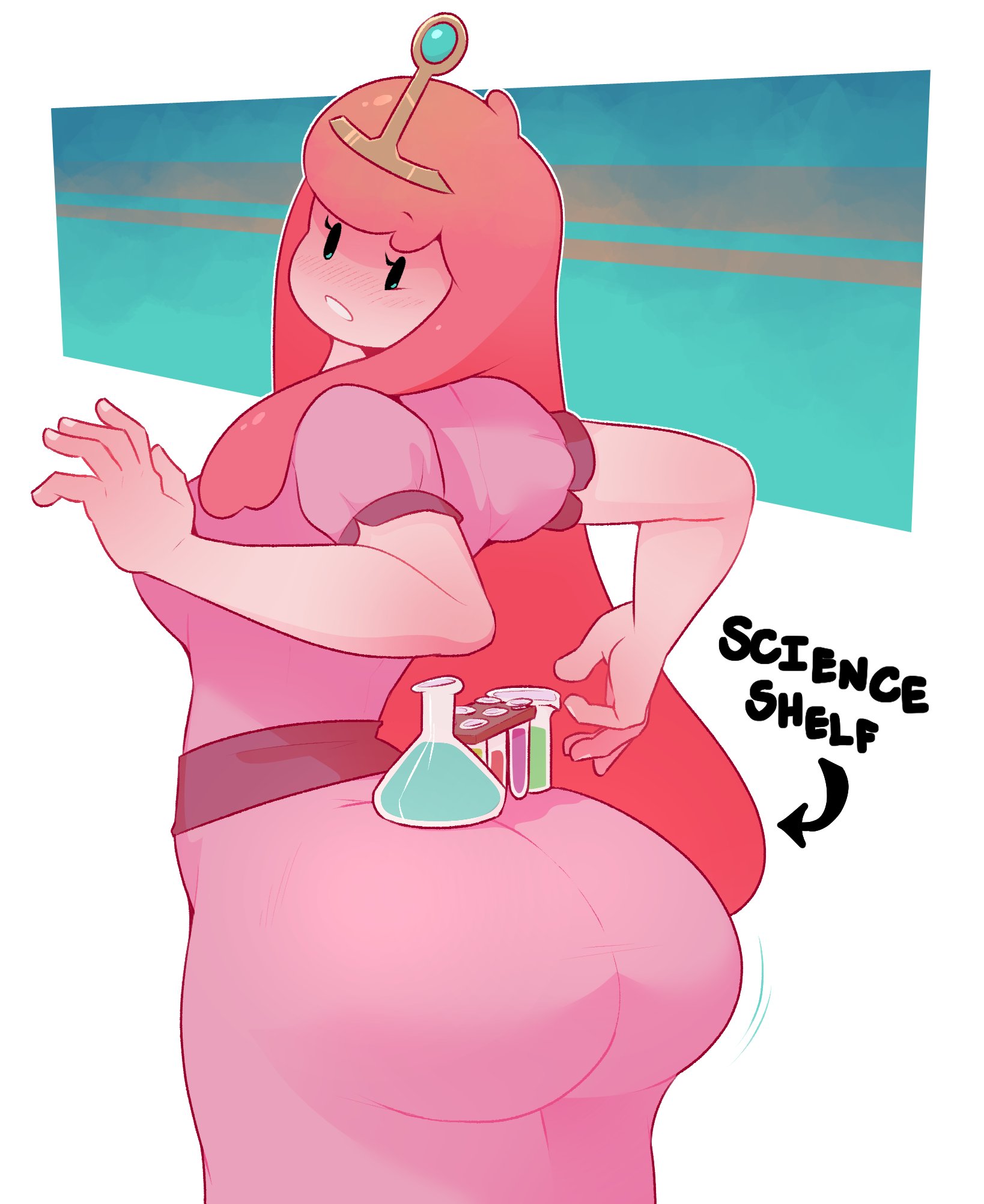 1girls, adventure time, ass, bubble ass, bubble butt, clothed, clothing, dabble, english text, female, female only, huge ass, long hair, looking back, pink hair, pink skin, princess bubblegum, simple background, solo, text, thick thighs, white background, wide hips