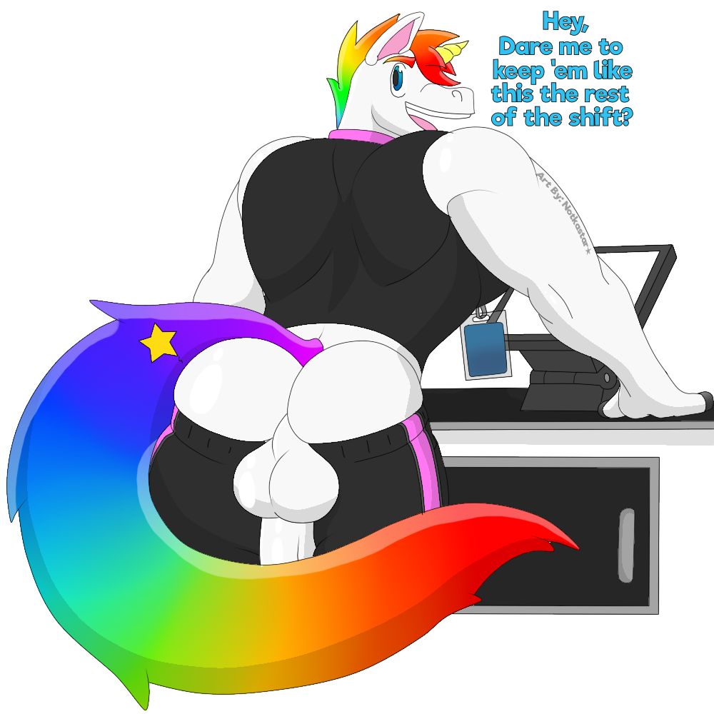 anthro balls clothed clothing dave_(character) dialogue equid equine exhibitionism genitals hair horn male mammal multicolored_hair muscular notkastar pants_down partially_clothed rainbow signature smile solo standing text unicorn