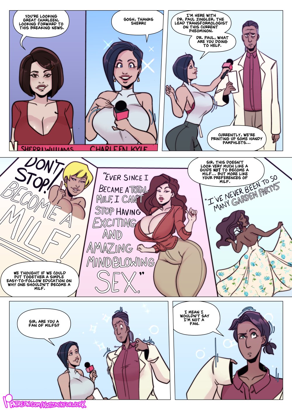 bimbo, bimbofication, bob cut, breast expansion, breast growth, breast growth (enlargement), breasts, cleavage, comic, english text, female, gender transformation, genderswap, genderswap (mtf), hair growth, labcoat, male, milf, milfification, mtf transformation, multiple females, multiple girls, notzackforwork, rule 63, text, transformation, tv