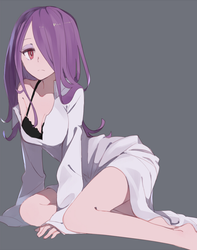 10s, 1girls, alternate breast size, alternate costume, artist request, bra, breasts, cleavage, female, hair over one eye, little witch academia, long hair, looking at viewer, medium breasts, open clothes, purple hair, red eyes, sitting, solo, sucy manbavaran, underwear