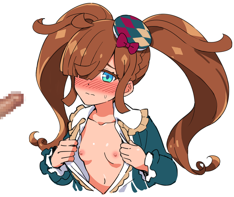 1boy ahoge aqua_headwear aqua_jacket argyle_hat blue_eyes blush bow braid breasts breasts_out brown_hair brown_headwear censored cropped_torso crown_braid diamond-shaped_pupils diamond_(shape) embarrassed erection female frilled_jacket hair_over_one_eye hat hat_bow jacket kiratto_pri_chan long_bangs looking_at_penis mini_hat mosaic_censoring multicolored multicolored_clothes multicolored_headwear navel nijinosaki_dia nipples no_bra nose_blush open_clothes open_jacket opened_by_self out_of_frame penis pretty_(series) purple_bow purple_headwear raised_eyebrows simple_background sketch small_breasts solo_focus stomach straight symbol-shaped_pupils twintails white_background yoban