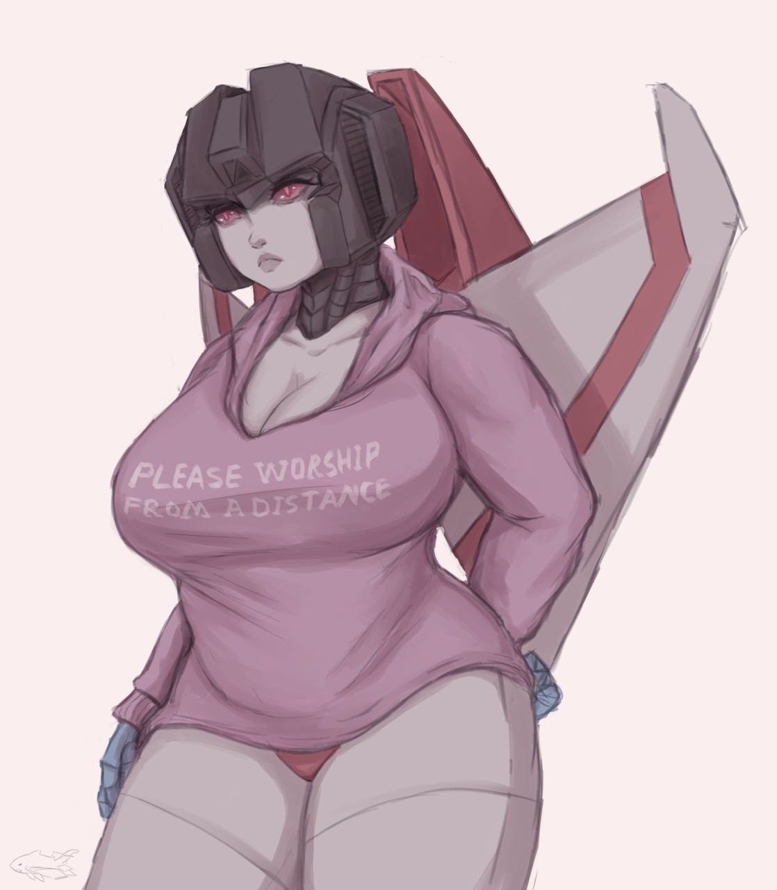 1girls, bottomless, breasts, cleavage, clothed, clothing, female, female only, huge breasts, humanized, humanoid, partially clothed, rudicusrex, rule 63, slightly chubby, solo, standing, starscream, sweater, thick thighs, transformers, wide hips