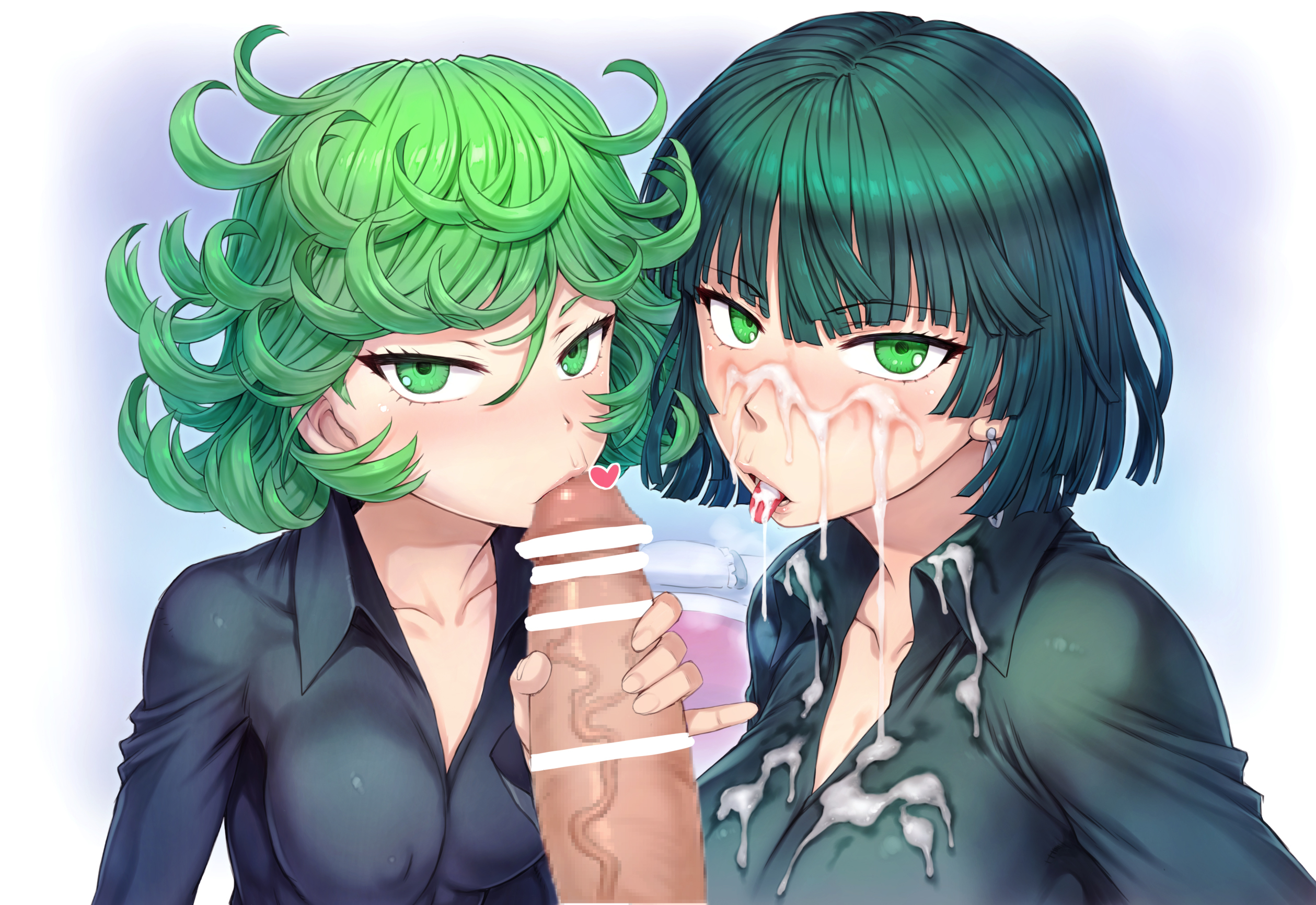 1boy, 2021, 2girls, after orgasm, bangs, blush, censor bar, censored, censored penis, cum, cum on body, cum on clothes, cum on face, cum on tongue, curly hair, dark green hair, earrings, fellatio, female, ffm threesome, fubuki (one-punch man), green eyes, green hair, hair between eyes, heart, light skin, light-skinned female, light-skinned male, looking at viewer, male, mogudan, multiple females, multiple girls, one-punch man, oral, penis, pov, shimaidon, short green hair, short hair, siblings, sisters, straight, tatsumaki, threesome, tongue, tongue out, veiny penis