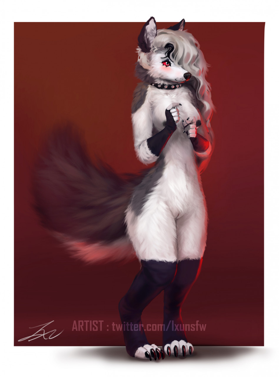 1girls 2021 anthro black_body black_fur breasts canid canid_demon claws demon eyelashes female foxixus fur furry grey_body grey_fur hellhound helluva_boss inner_ear_fluff leggings long_hair loona_(helluva_boss) multicolored_body multicolored_fur nipples nude red_sclera solo standing vivienne_medrano white_body white_eyes white_fur