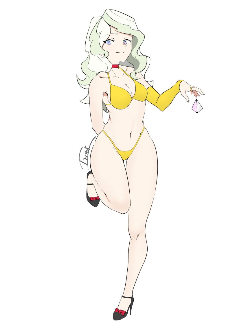 1girls, absurdres, artist name, bare shoulders, bikini, choker, commentary, diana cavendish, female, frost65738847, green hair, high heels, highleg, highleg bikini, highres, little witch academia, multicolored hair, navel, project-disrubtion, pyramid (geometry), red choker, signature, simple background, solo, swimsuit, two-tone hair, white background, yellow bikini