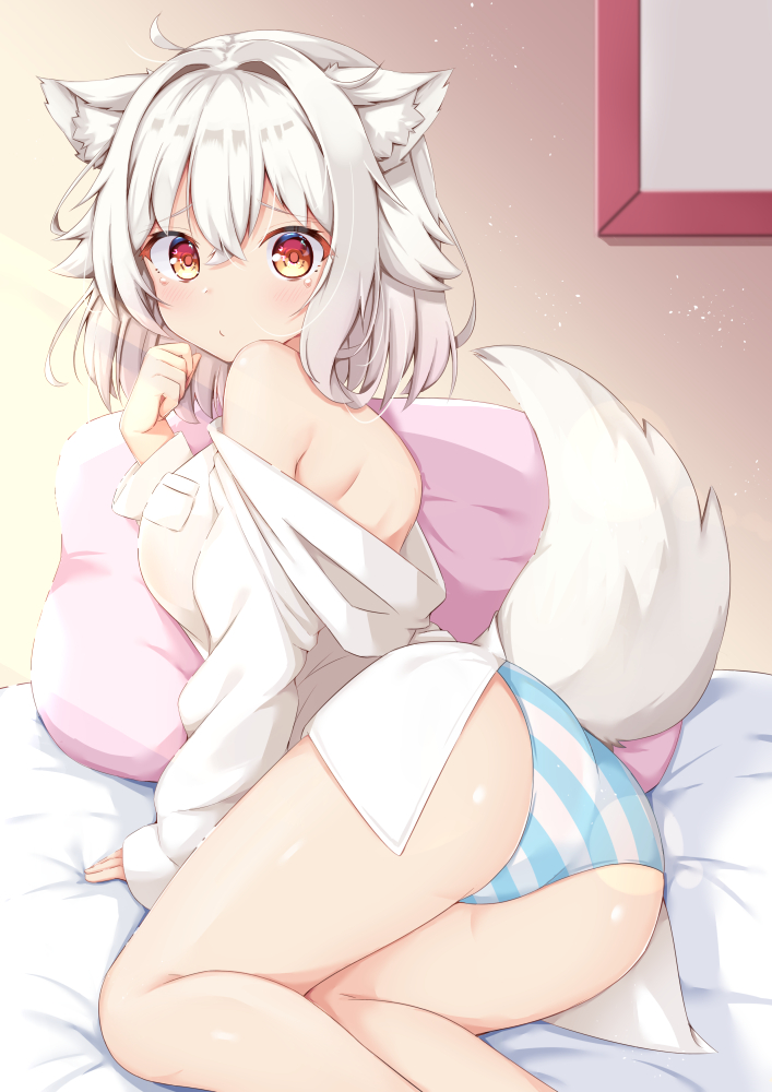 1girls, 5 fingers, ahoge, animal ears, ass, asymmetrical bangs, bangs, bare legs, bare shoulders, bed, bedroom, blush, blushing, blushing at viewer, breasts, calves, crying, crying with eyes open, cute, dress shirt, embarrassed, exposed ass, eyebrows visible through hair, eyelashes visible through hair, female, female focus, female only, hair between eyes, highres, indoors, kemonomimi, large breasts, light skin, light-skinned female, looking at viewer, looking back, lulu akituki, lying, lying on side, momiji inubashiri, no pants, orange eyes, panties, pantyshot, red eyes, short hair, sideboob, solo, striped panties, tail, tears, thick ass, thick thighs, thighs, thin waist, touhou, white hair, wide hips, wolf ears, wolf girl, wolf tail