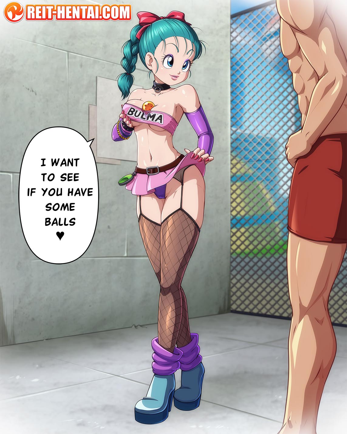 blue_eyes blue_hair bulma_briefs come_hither dragon_ball dragon_ball_(classic) dragon_ball_(object) dragon_ball_between_breasts english female fishnet_stockings fishnets garter_belt garter_straps high_heels leg_warmers lingerie lipstick male microskirt panties prostitution reit shounen_jump skirt_lift teenage_bulma teenager text topwear watermark