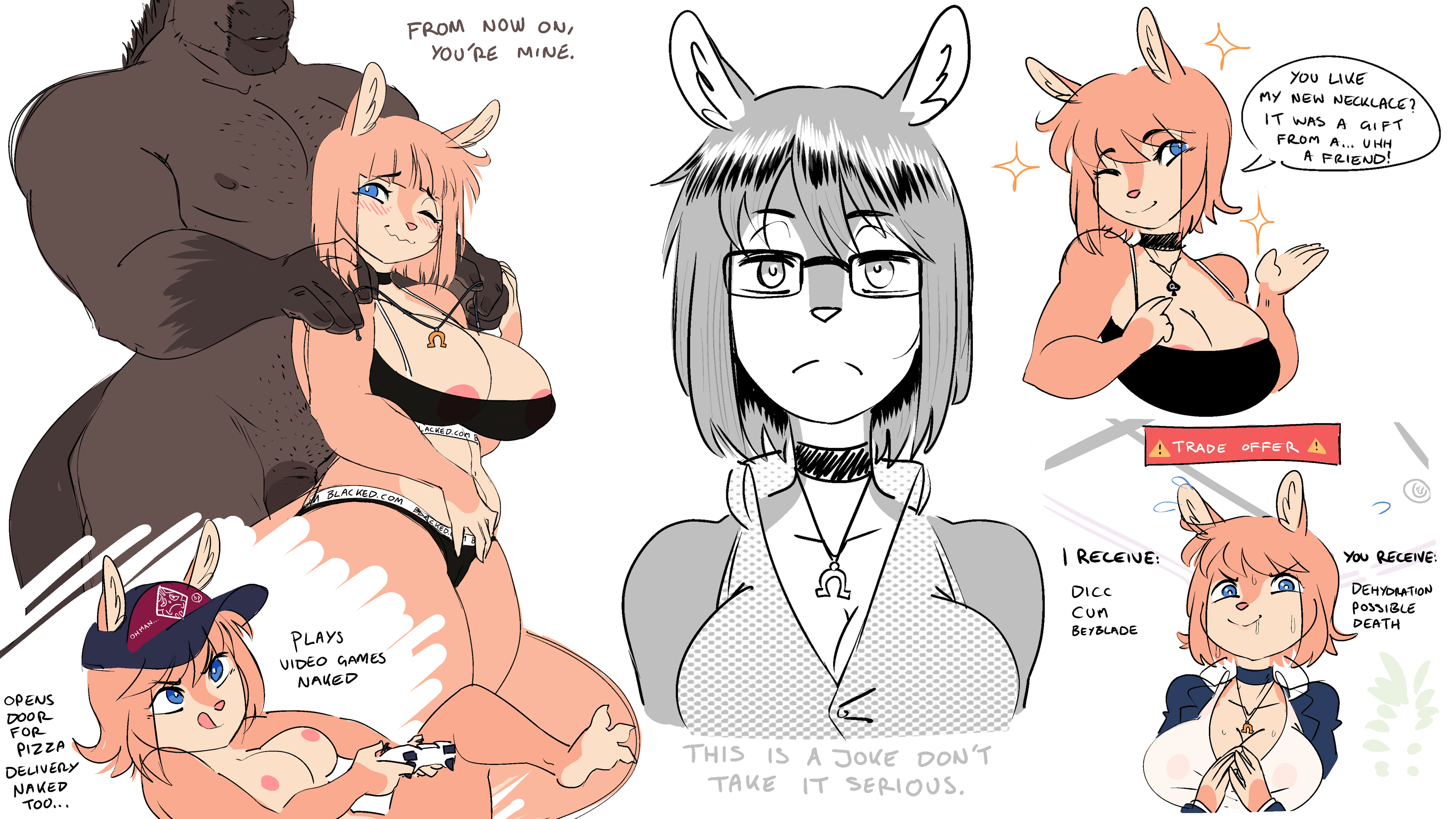 anthro, anthro on anthro, battle franky, blacked, blacked clothing, blue eyes, brown fur, clothed, clothing, collar, dialogue, equid, equine, female, ferra (battle franky), fluffy, fluffy tail, fur, genitals, glasses, hair, hat, interspecies, male, male/female, nipples, orange fur, orange hair, partially clothed, penis, queen of spades, simple background, spade, spade necklace, speech bubble, straight, tail, two-tone fur