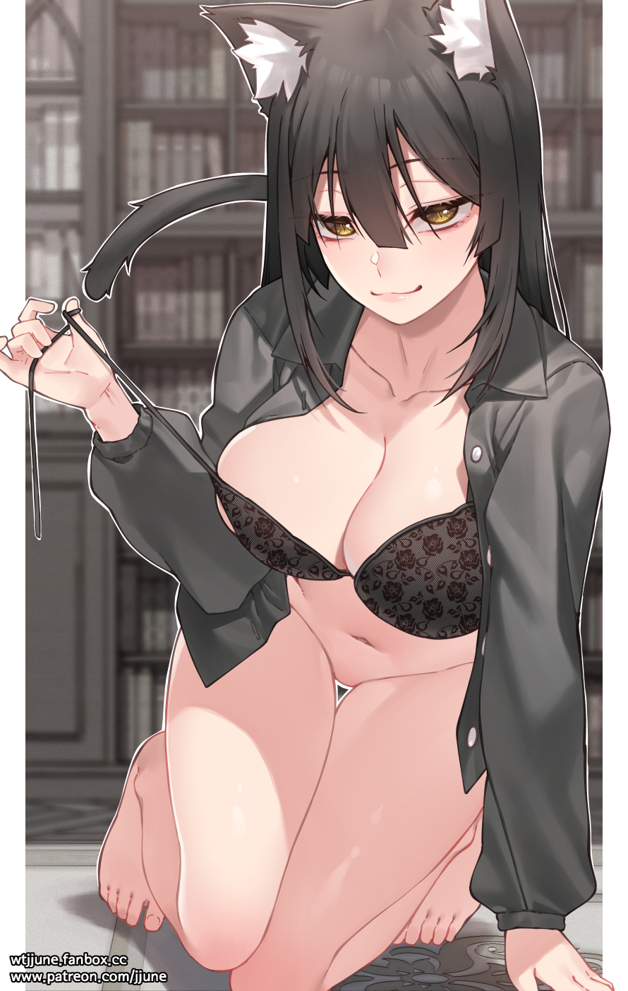 bare legs, black hair, blurred background, bra, cat ears, cat tail, jjune, lace, long hair, nekomimi, original character, outline, shirt, smug, unbuttoned, yellow eyes