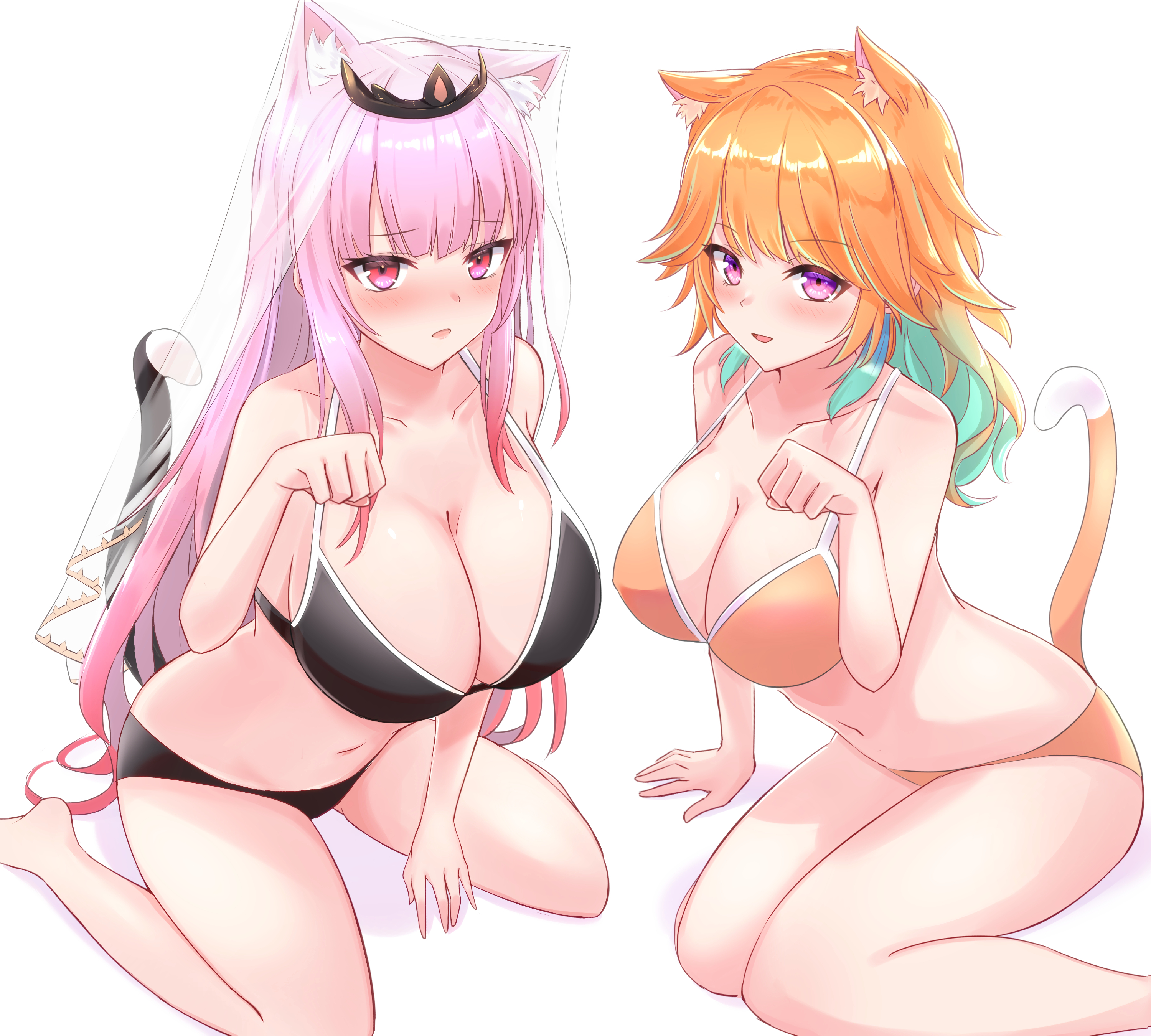 :d, :o, 2021, 2girls, absurd res, animal ear fluff, animal ears, barefoot, big breasts, bikini, black bikini, blush, breasts, cat ears, cat girl, cat tail, catgirl, cleavage, crown, embarrassed, eyebrows visible through hair, feet, female, female only, gradient hair, green hair, hecker kai, highres, hololive, hololive english, hololive myth, huge breasts, kemonomimi mode, kneeling, large breasts, leaning forward, long hair, looking at viewer, matching hair/eyes, monster girl, mori calliope, multicolored hair, multiple females, multiple girls, navel, open mouth, orange bikini, orange hair, paw pose, pink eyes, pink hair, purple eyes, simple background, sitting, smile, swimsuit, tail, takanashi kiara, thick thighs, thighs, tongue, two-tone hair, veil, very long hair, virtual youtuber, wariza, white background, yokozuwari
