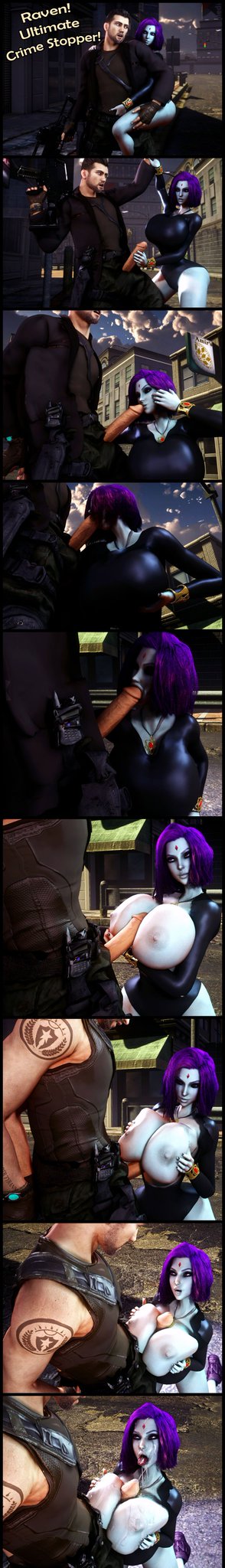 1boy, 1girls, 3d, 3d (artwork), alternate breast size, areolae, athletic, athletic female, big breasts, big penis, blowjob, breasts, breasts bigger than head, breasts out, bust, busty, cum, cum on breasts, cum on face, cumshot, curvy, dc, dc comics, demon, demon girl, exposed breasts, exposed penis, fellatio, female, forehead jewel, gem, goth, grey skin, gun, half demon, half-human, hetero, hips, holding gun, holding object, holding weapon, hourglass figure, huge breasts, human, human male, humanoid, large breasts, large penis, leotard, looking at partner, male, male/female, multiple panels, necklace, nipples, oral, oral sex, paizuri, penis, penis out, purple eyes, purple hair, rachel roth, raven (dc), short hair, slim waist, small waist, straight, teen titans, thick, thick hips, thick legs, thick thighs, thin waist, tiny waist, vaako, virt-a-mate, virtamate, voluptuous, waist, wasp waist, weapon, wide hips