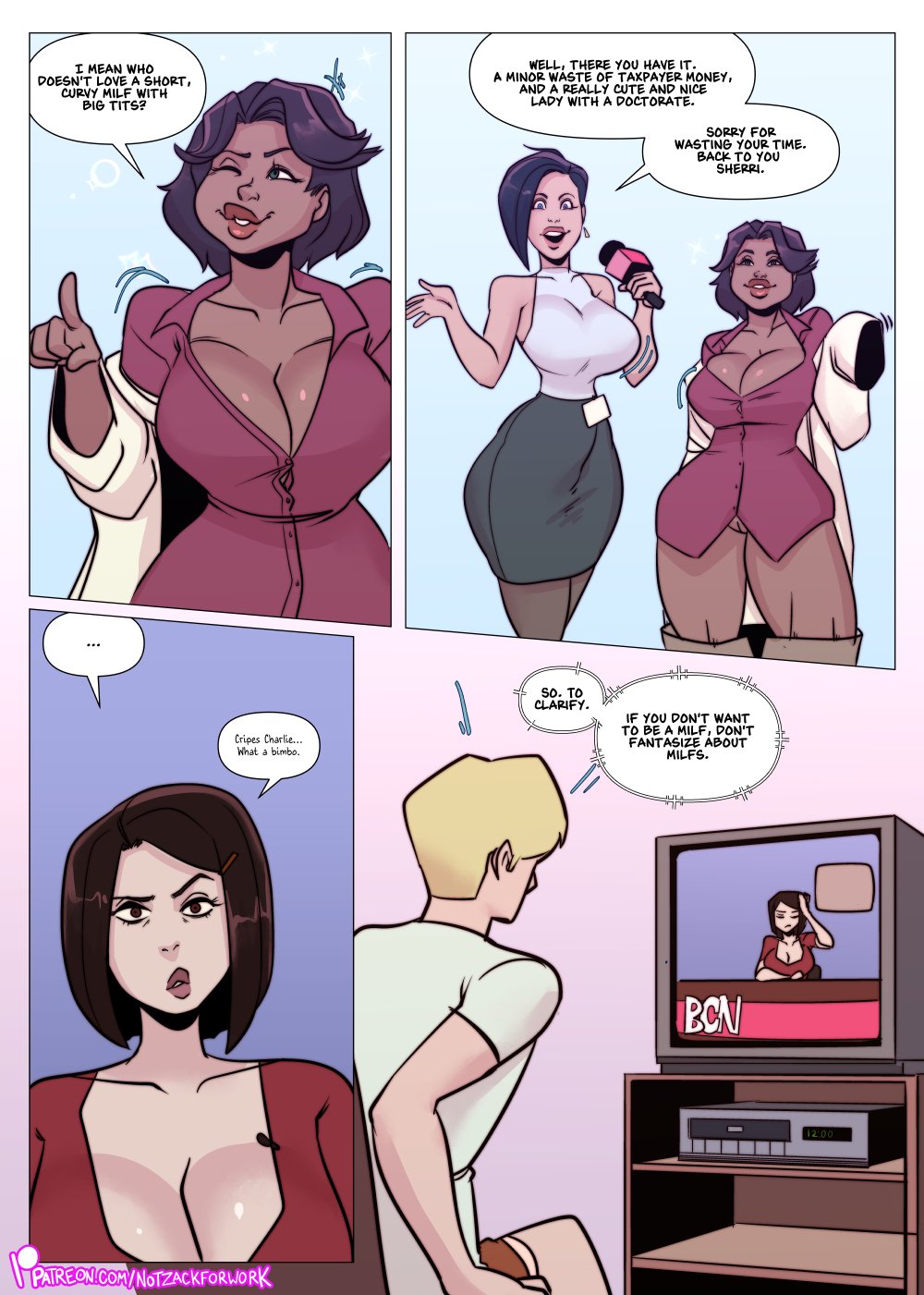 3girls, bimbo, bimbofication, bob cut, breast expansion, breast growth, breast growth (enlargement), breasts, cleavage, comic, english text, female, gender transformation, genderswap, genderswap (mtf), hair growth, male, milf, milfification, mtf transformation, multiple females, multiple girls, notzackforwork, rule 63, text, transformation, tv