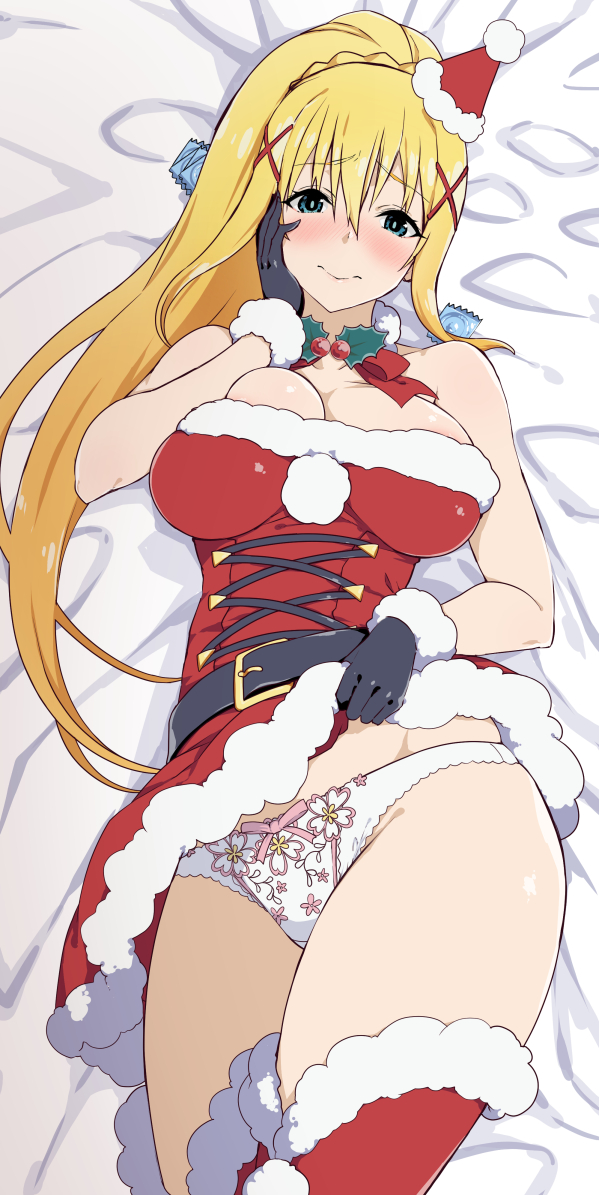 1girls blonde_hair blush christmas_outfit condom d_kurouri darkness_(konosuba) female female_only kono_subarashii_sekai_ni_shukufuku_wo! looking_at_viewer panties