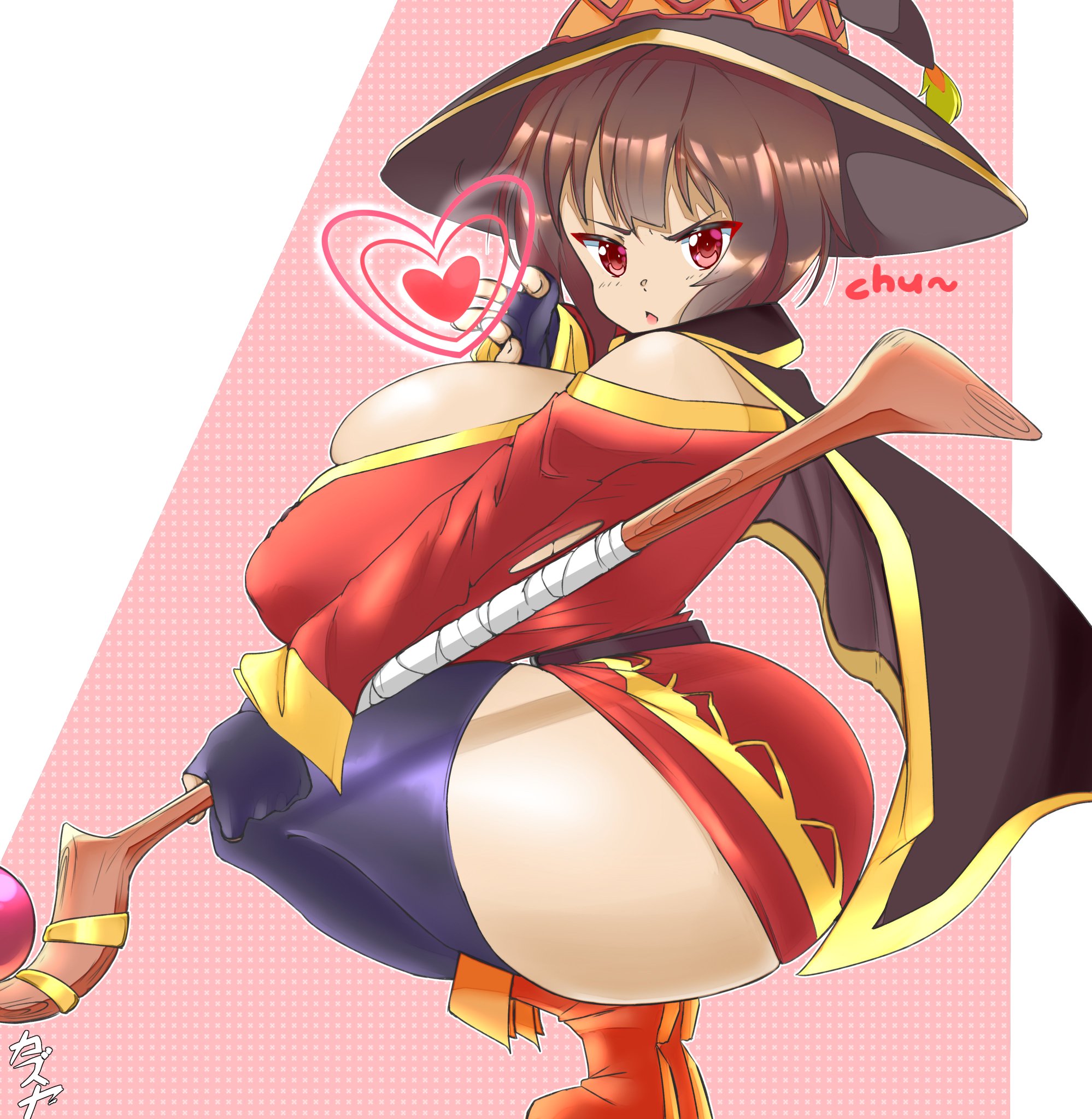 1girls, aged up, ass, breasts, busty, child bearing hips, clothing, crouching, curvaceous, curvy, female, heart, higher resolution available, huge ass, huge breasts, kazuya zoey, kono subarashii sekai ni shukufuku wo!, long hair, looking at viewer, megumin, revealing clothes, solo, solo female, squatting, staff, thick thighs, voluptuous, wide hips, wizard hat
