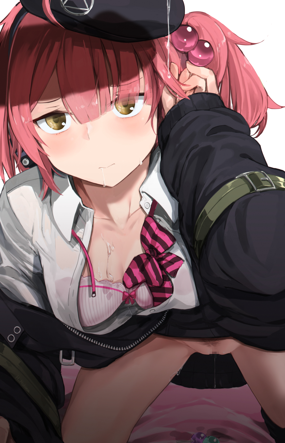 bangs beret black_jacket blush bow bowtie bra breasts candy closed_mouth commentary eyebrows_visible_through_hair eyes_visible_through_hair female female_pubic_hair food girls'_frontline hair_bobbles hair_ornament hat highres jacket lollipop long_sleeves mishima_hiroji mp7_(girls'_frontline) mp7_(girls_frontline) penis_shadow pubic_hair red_hair shirt solo underwear white_shirt yellow_eyes