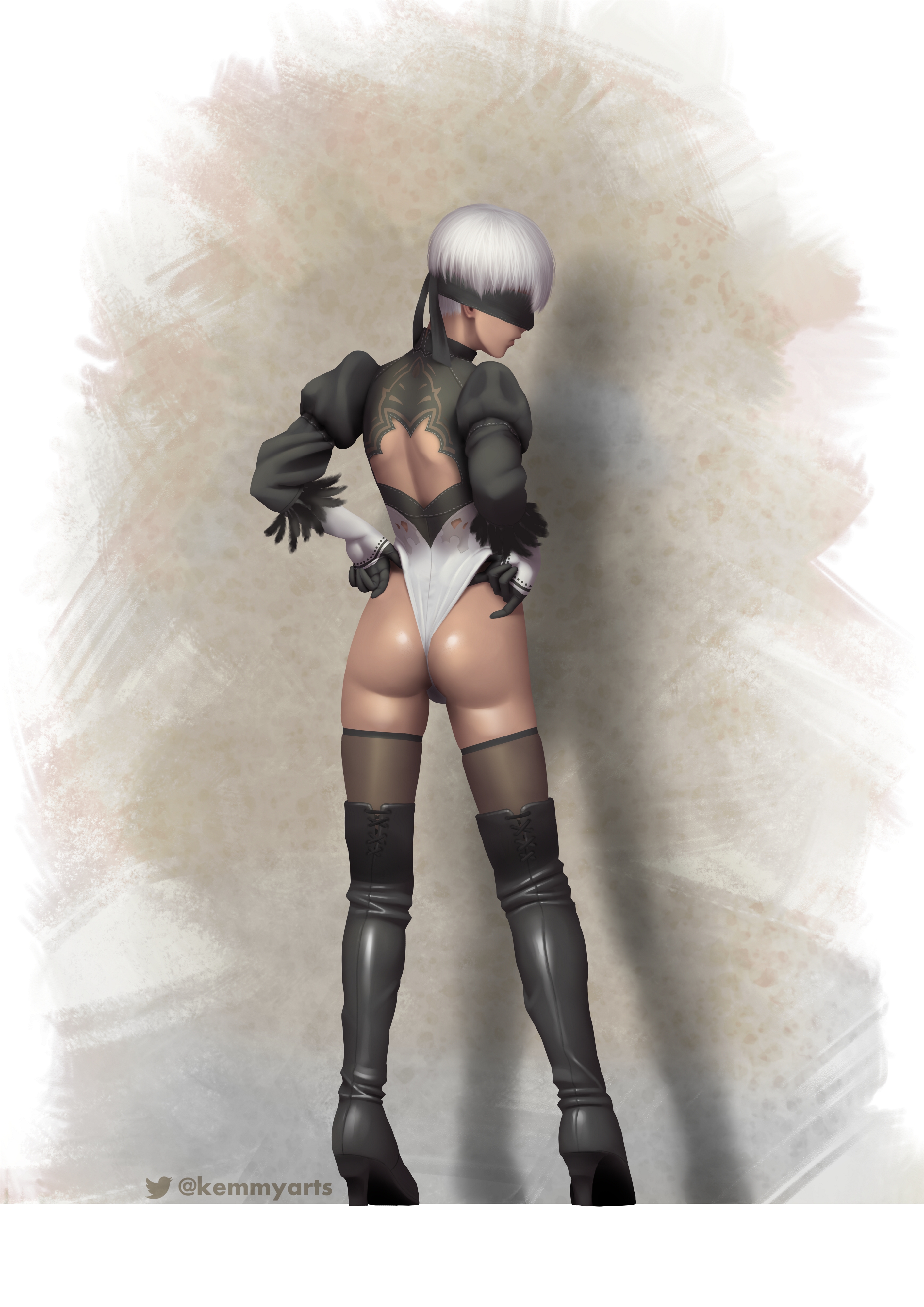 1boy, 2d, 2d (artwork), androgynous, ass, back view, backless leotard, black boots, black gloves, black stockings, black thigh boots, blindfold, boots, crossdressing, crossplay, femboy, girly, gloves, hands on hips, high heel boots, high heels, kemmy, leotard, male, male only, nier (series), nier: automata, rear view, shiny ass, short hair, solo, stockings, thigh boots, thong leotard, thong pull, trap, wedgie, white hair, yorha 2b (cosplay), yorha 9s