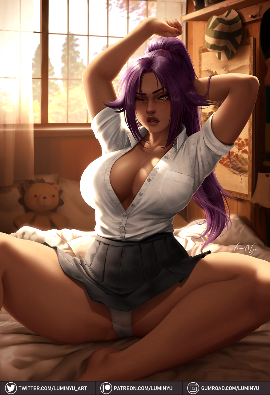 1girls armpits arms_behind_back arms_up bed bed_sheet bedroom bedroom_eyes big_breasts bleach cleavage dark-skinned_female dark_skin female female_focus female_only hartman_hips kon kon_(bleach) large_breasts long_hair looking_at_viewer luminyu one_eye_closed open_mouth panties ponytail purple_hair school_uniform schoolgirl schoolgirl_uniform shihouin_yoruichi sitting sitting_on_bed skirt solo solo_focus straight stretching very_long_hair waking waking_up yellow_eyes