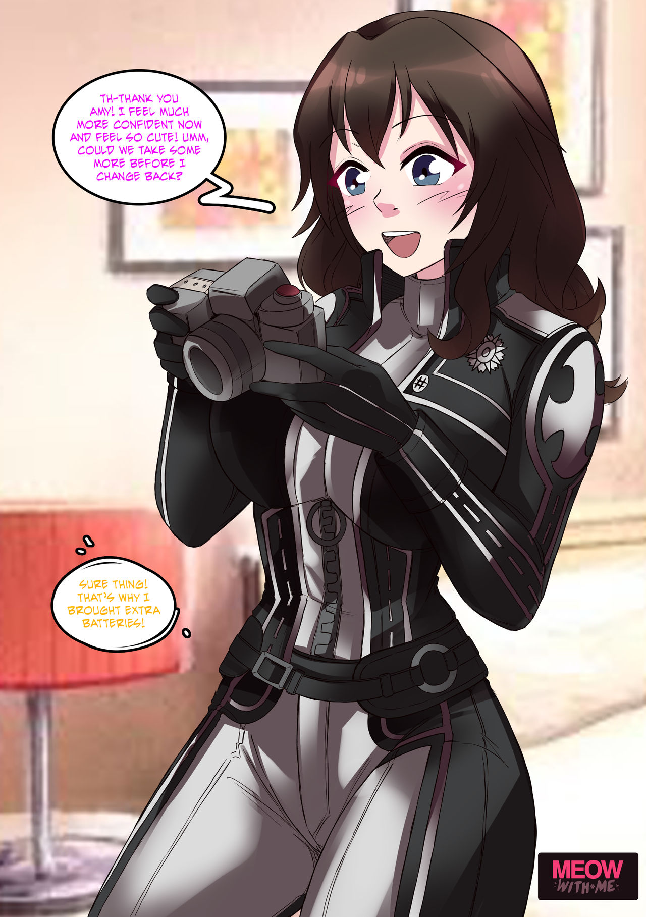 1boy, 2girls, breast expansion, breast growth, breast growth (enlargement), breasts, cleavage, comic, comic page, dialogue, english text, female, female focus, gender transformation, hair growth, huge breasts, male, meowwithme (artist), modeling, mtf transformation, picture, rule 63, speech bubble, text, transformation