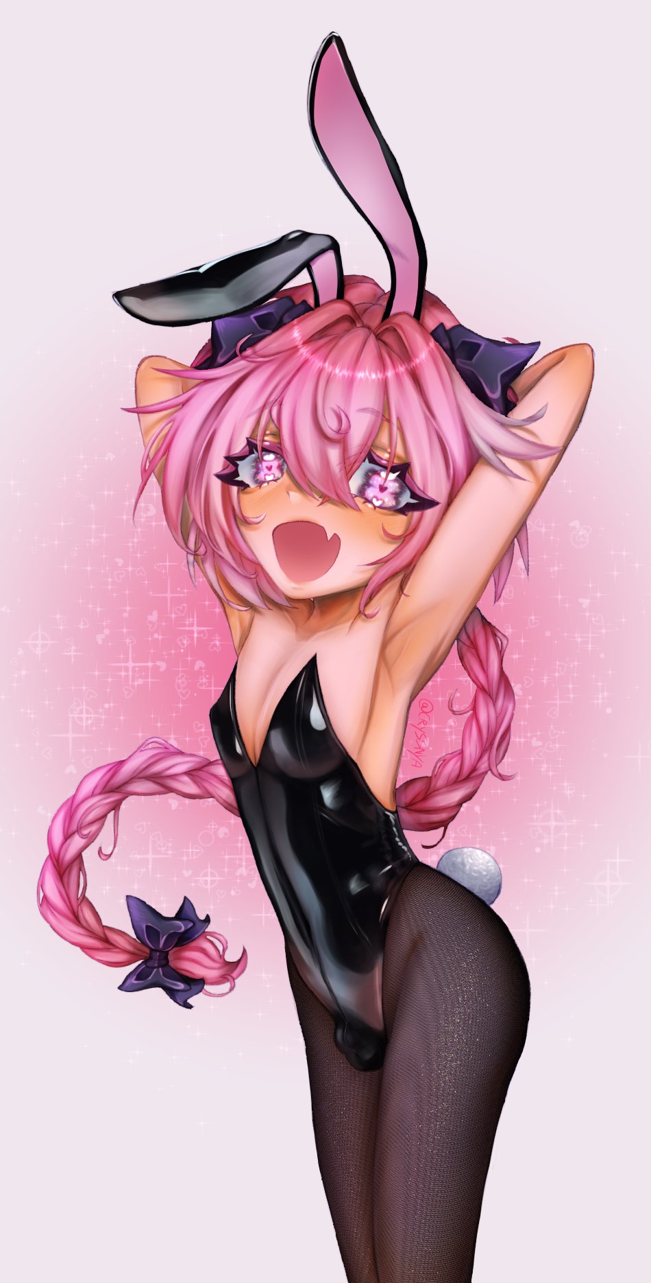 1boy armpit arms_up astolfo_(fate) bangs bare_shoulders bowtie braid braided_hair braided_ponytail bulge bunny_ears bunnysuit bunnysuit_bulge cryssnya fate/grand_order fate_(series) femboy hair_ribbon leotard long_hair looking_at_viewer multicolored_hair open_mouth pantyhose pink_eyes pink_hair simple_background smile