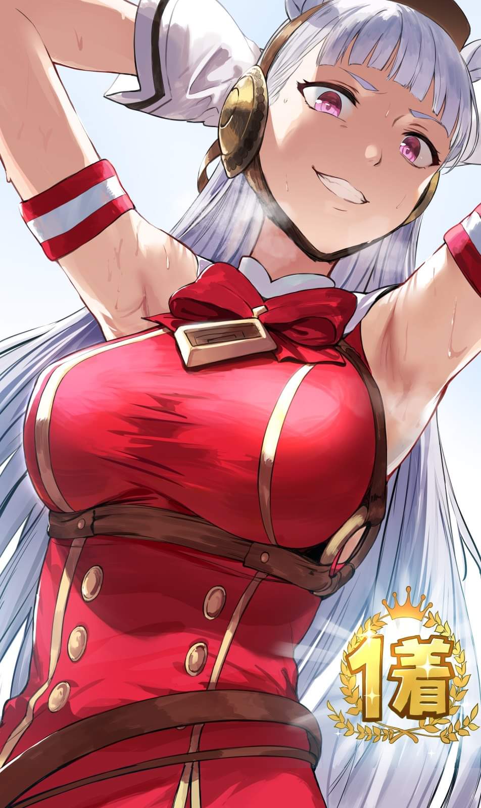 animal ears, arm strap, armpits, arms behind head, arms up, backlighting, bangs, belt, blunt bangs, breasts, buttons, clothing, dress, female, gloves, gold ship (umamusume), grin, hat, heavy breathing, hews hack, highres, horse ears, horse girl, large breasts, light-skinned female, long hair, looking at viewer, purple eyes, red dress, smile, sweat, umamusume, white gloves, white hair