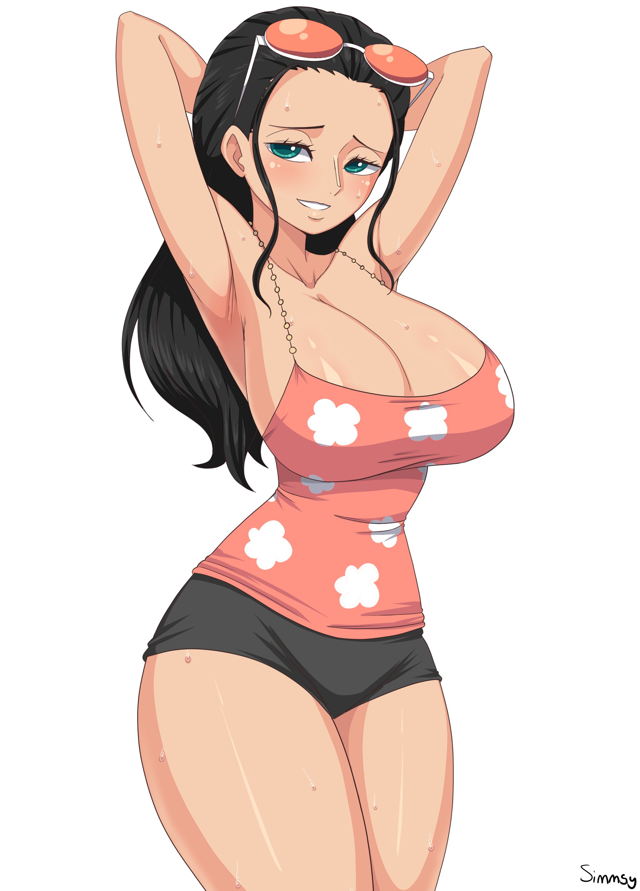 1girls, armpits, barely contained, barely contained breasts, barely fits, big breasts, black hair, black-haired female, blush, breasts, breasts too big, bursting breasts, cleavage, eyewear on head, female, female only, large breasts, looking at viewer, nico robin, one piece, post-timeskip, shounen jump, simmsy, solo, sundress, sunglasses on head, sweat, tight fit, too tight, undersized clothes, undersized clothing