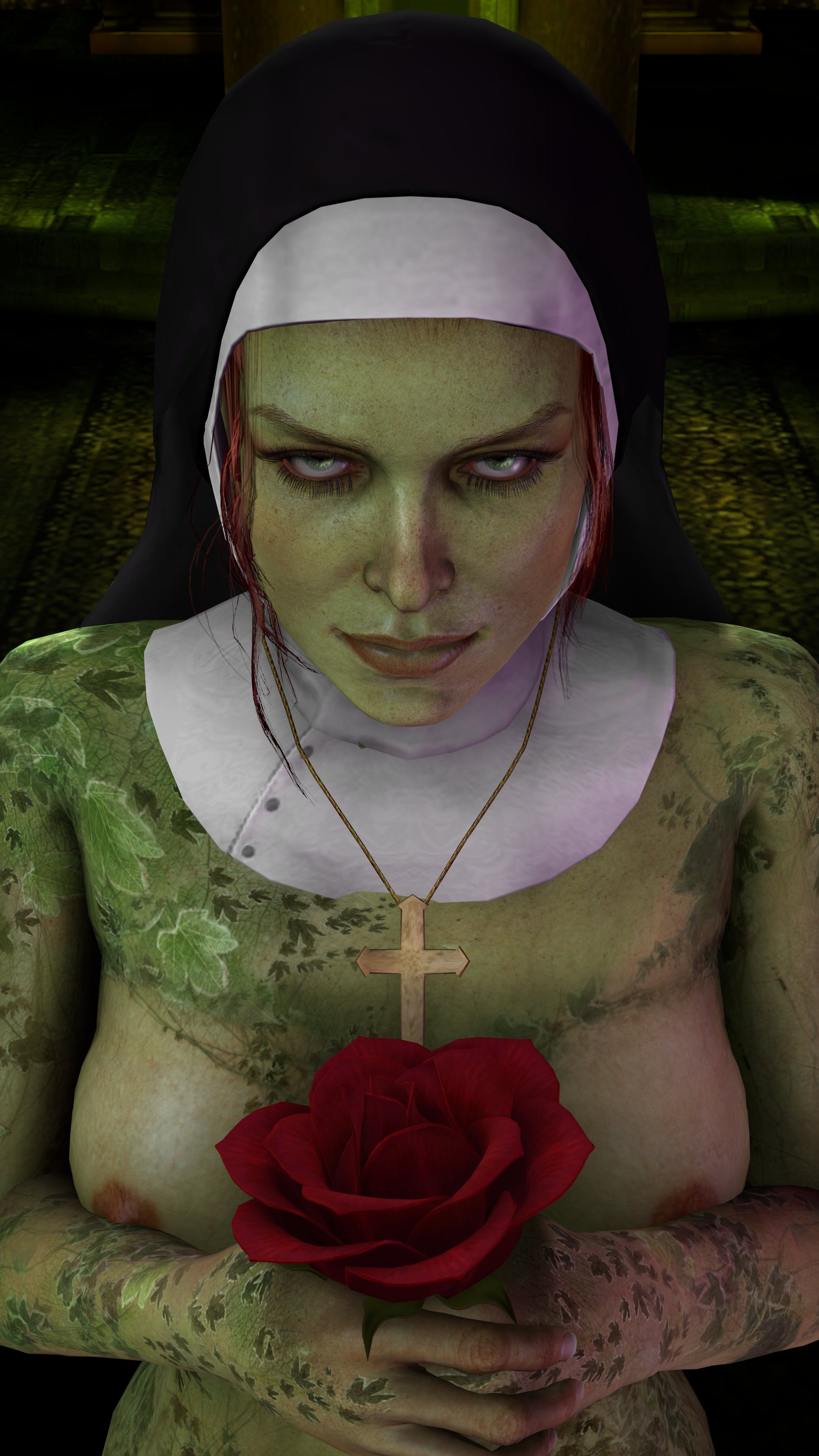1girls, 3d, batman (series), batman: arkham knight, dc, dc comics, female, green eyes, green skin, green-skinned female, looking at viewer, middlemansfm, nun, pamela isley, poison ivy, poison ivy (arkham knight), poison ivy (arkham), red hair