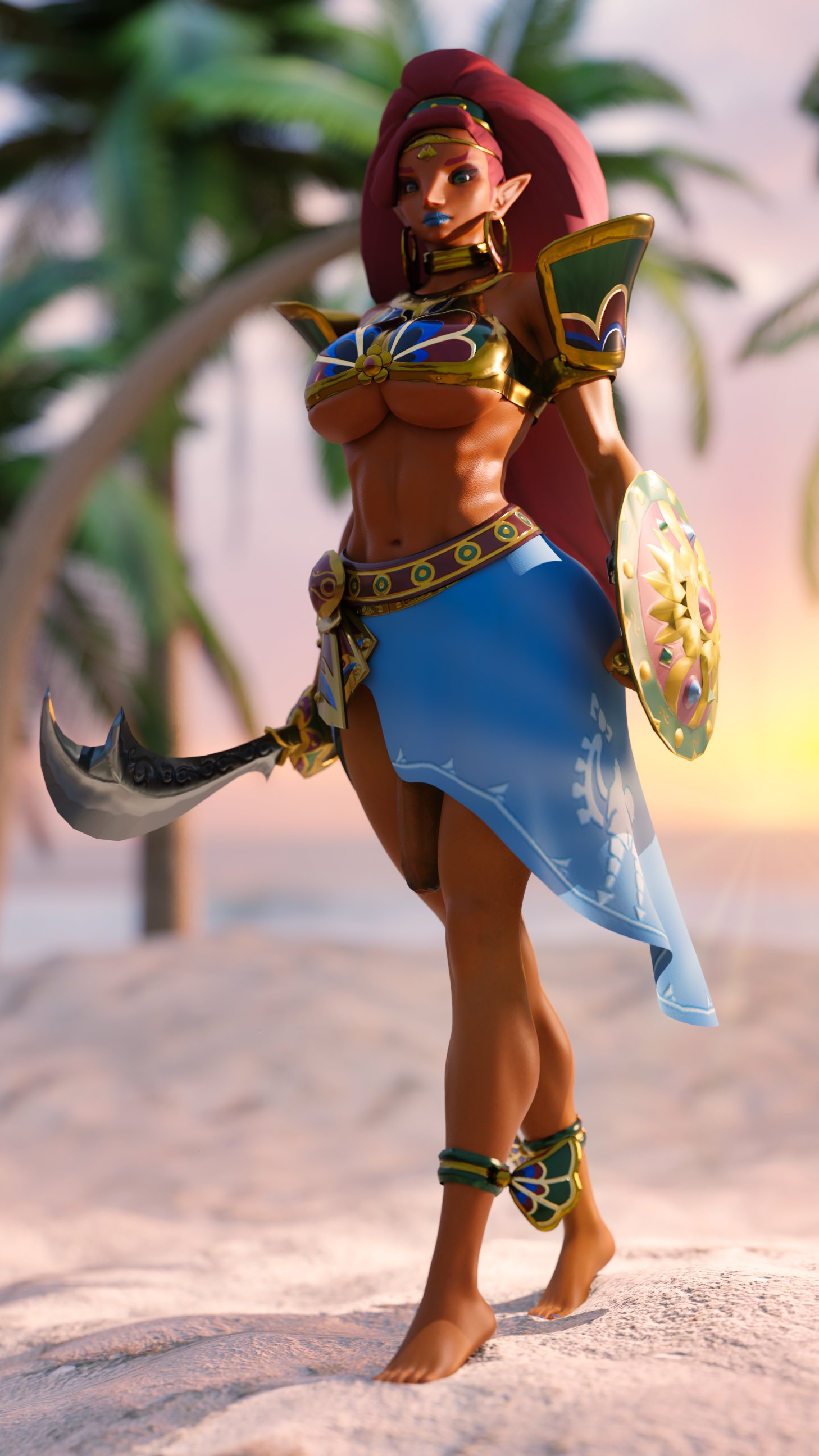1futa, 3d, abs, balls, balls under clothes, big penis, blender, bottomless skirt, breasts, breath of the wild, dark skin, dark-skinned futa, flaccid, futa only, futanari, garean, gerudo, huge breasts, intersex, muscular, muscular futa, penis, penis out, penis under clothes, penis under skirt, skirt, solo, the legend of zelda, underboob, urbosa