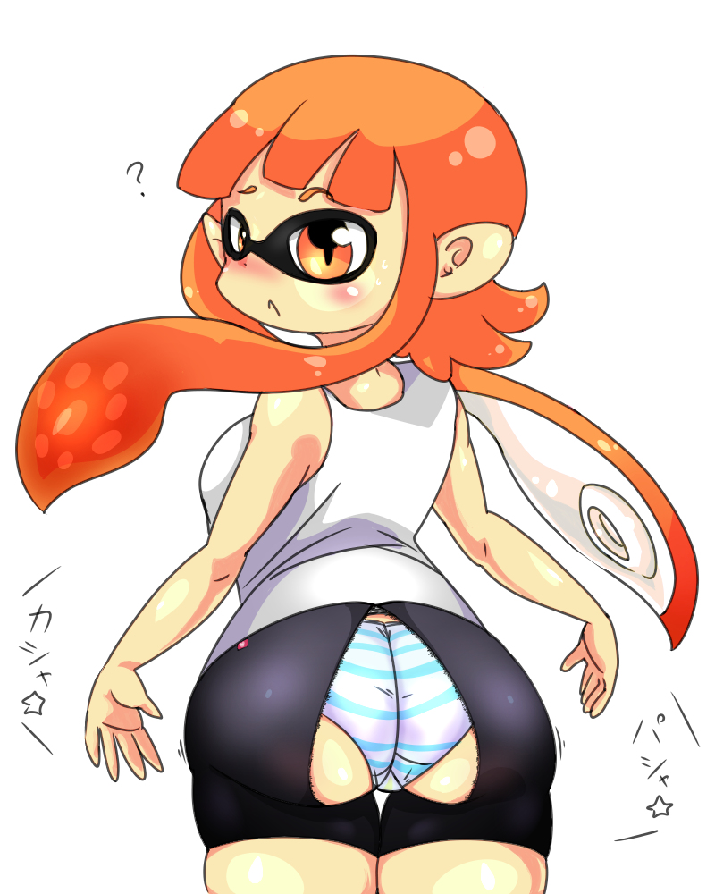 1girls animal_humanoid anthro ass ass_focus blue_striped_panties butt cephalopod cephalopod_humanoid female humanoid inkling inkling_girl kaori_(splatoon) looking_at_viewer looking_back mask_(marking) nintendo orange_eyes orange_hair orange_inkling_girl panties pointy_ears pseudo_hair ripped_pants solo splatoon splatoon_(series) squid striped_panties tank_top tentacle tentacle_hair torn_pants wardrobe_malfunction