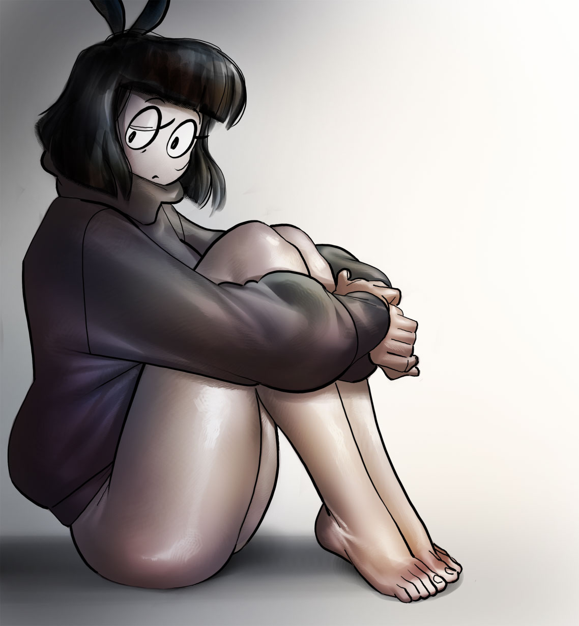 ass bangs bare_legs barefoot black_eyes black_hair bottomless creepy_susie female female_focus female_only full_body goth hugging_own_legs long_hair narrowed_eye no_panties pale-skinned_female pale_skin ph self_hug sitting solo the_oblongs toes turtleneck_sweater wide_hips