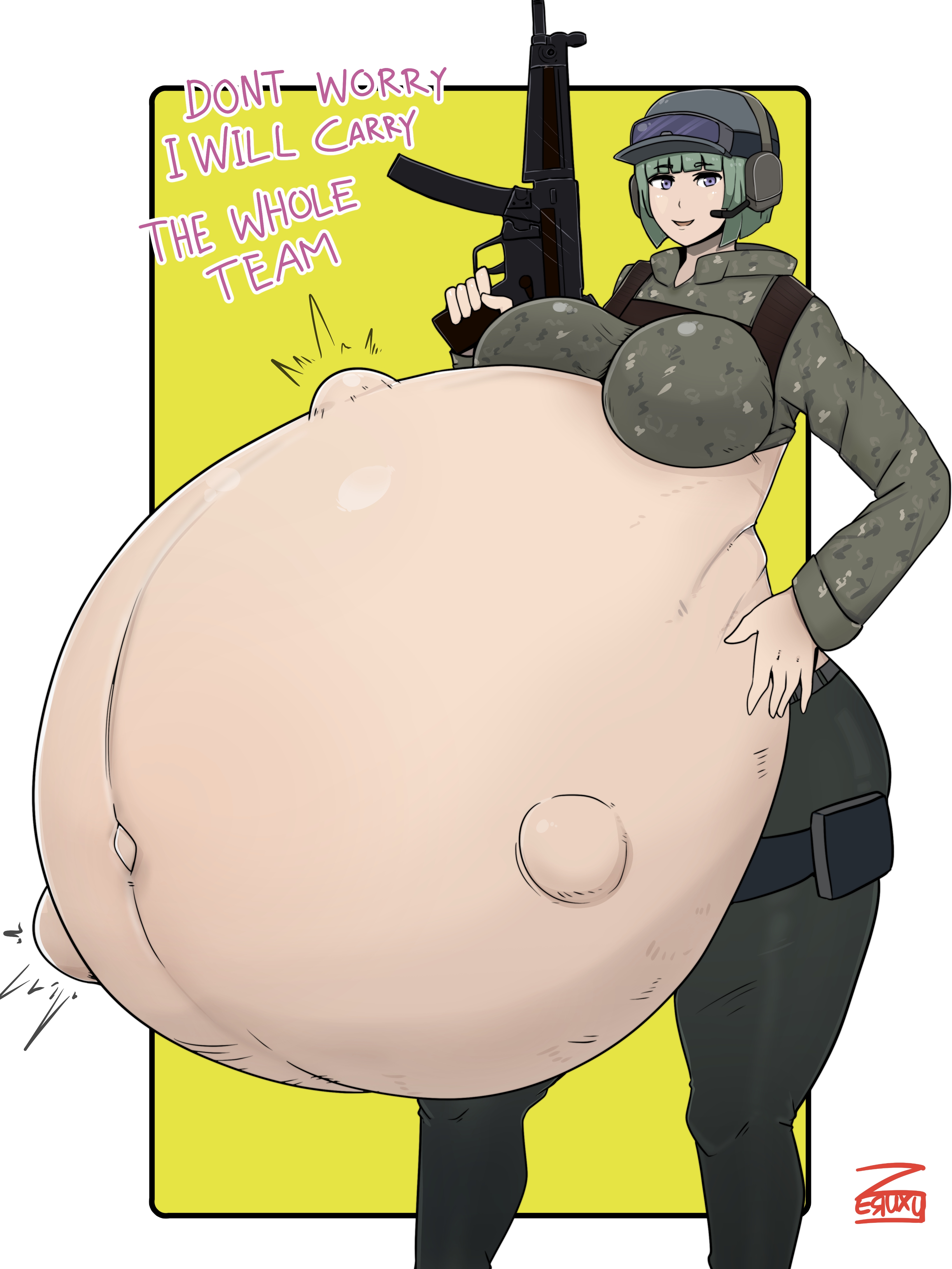 1girls, belly, belly button, big belly, big breasts, breasts, clothed, clothing, ela (rainbow six), female, female only, fetal movement, green hair, gun, hat, headgear, huge belly, hyper pregnancy, pregnant, purple eyes, rainbow six, rainbow six siege, short hair, solo, solo female, standing, tagme, thick thighs, tom clancy, watermark, zeruxu