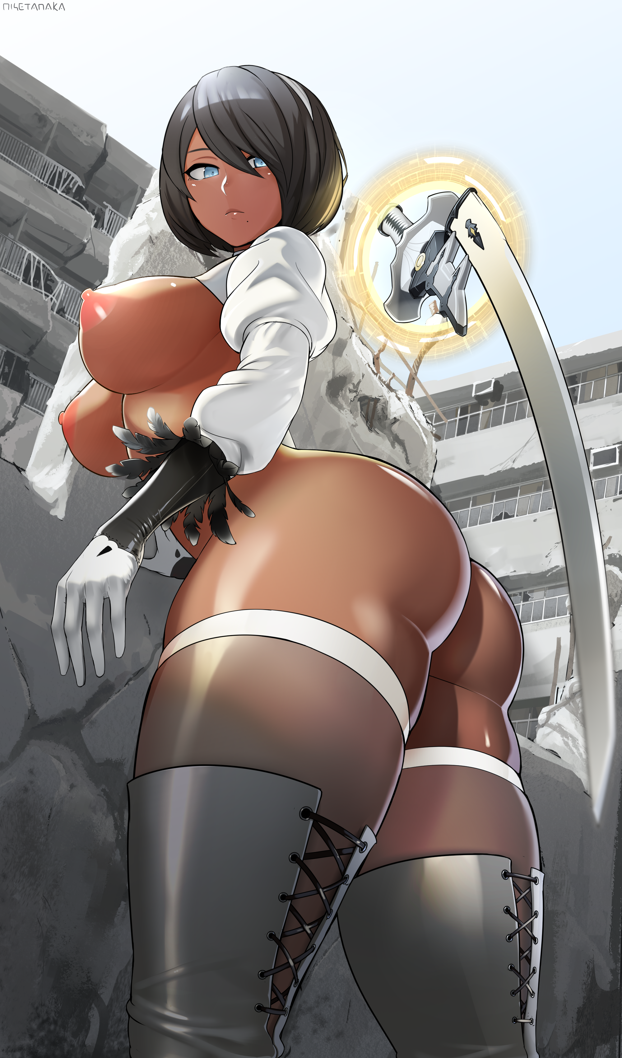 android, areolae, ass, big ass, big breasts, big thighs, black hair, blue eyes, boobs and butt pose, breasts, breasts out, cleavage, clothed, clothing, curvaceous, curvy, dark skin, dark-skinned female, elbow gloves, eyebrows, feet out of frame, female, female focus, female only, gloves, hair, hair over one eye, hairband, high resolution, highres, huge ass, leotard, lips, looking back, mole, mole under mouth, mostly nude, naked footwear, nier, nier: automata, nipples, nisetanaka, nisetanaqa, portal, short hair, solo, solo female, solo focus, sword, thick thighs, thighhighs, thighs, topless, very high resolution, viewed from below, yorha 2p