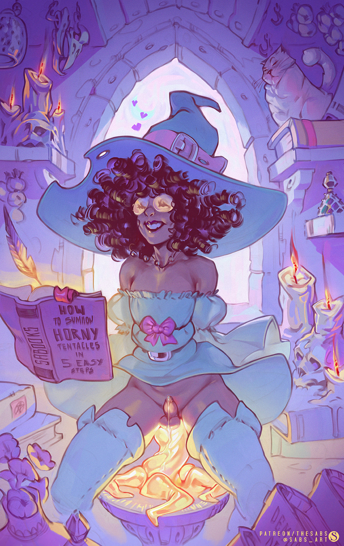 1boy, 2021, 2d, anal, anal penetration, artist signature, belt, black lipstick, candles, closed eyes, crossdressing, cum, cum while penetrated, curly hair, dark skin, dark-skinned femboy, dark-skinned male, dress, erection, femboy, flower, foreskin, girly, glasses, handsfree ejaculation, heart, hi res, lipstick, long hair, magic, male, male only, male witch, masturbation, original, penis, precum, ribbon, sabudenego, skull, small penis, smile, smiling, solo, solo femboy, solo male, summoning, tentacle, tentacle on male, thighhighs, tiny penis, trap, uncircumcised, uncut, witch, witch hat, yaoi