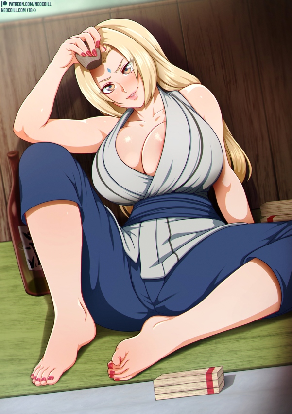 alcohol, big breasts, blonde hair, breasts, clothed, drunk, female, female focus, female only, long hair, milf, nail polish, naruto, naruto (series), neocoill, solo, solo female, solo focus, toenail polish, tsunade