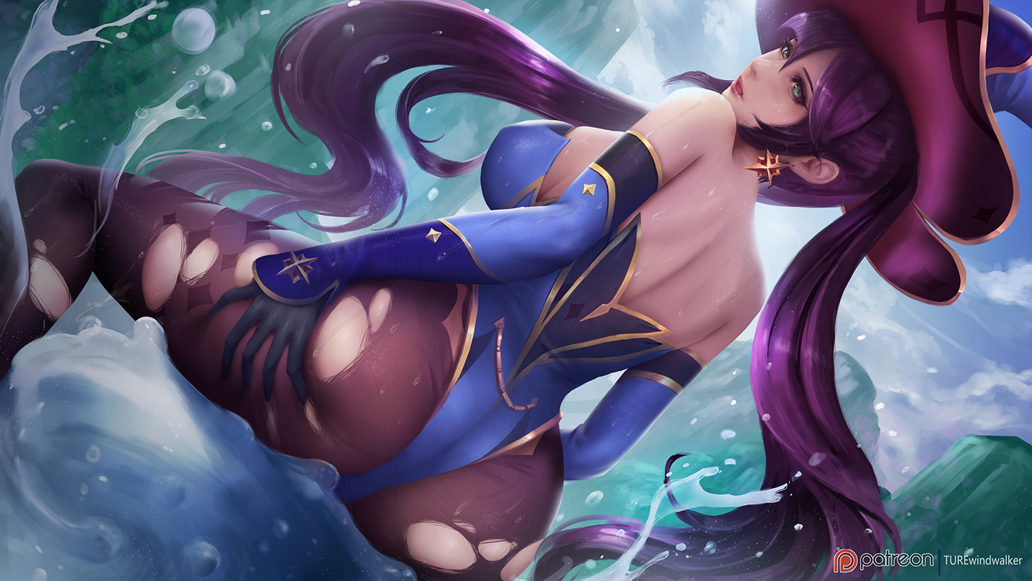 1girls, ass, big ass, big breasts, breasts, female, female only, genshin impact, green eyes, hat, large breasts, mona (genshin impact), purple hair, solo, water, windwalker
