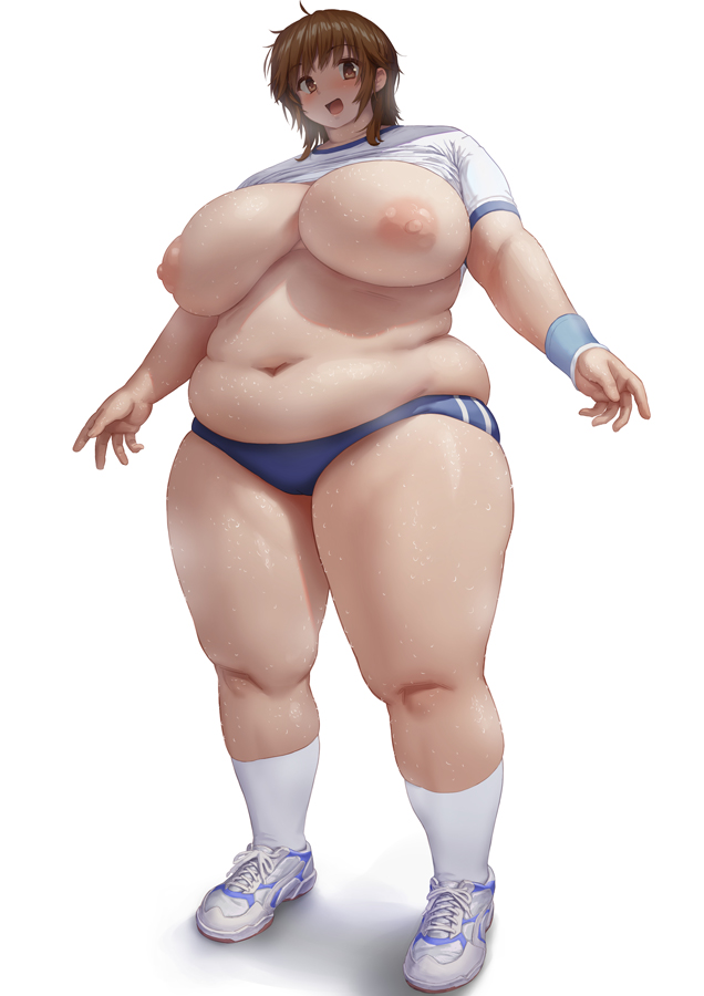 bbw belly chubby chubby_female fat female female_only gym_uniform heroherotom large_breasts nipples obese obese_female shirt_up shoulder_length_hair speedo white_background