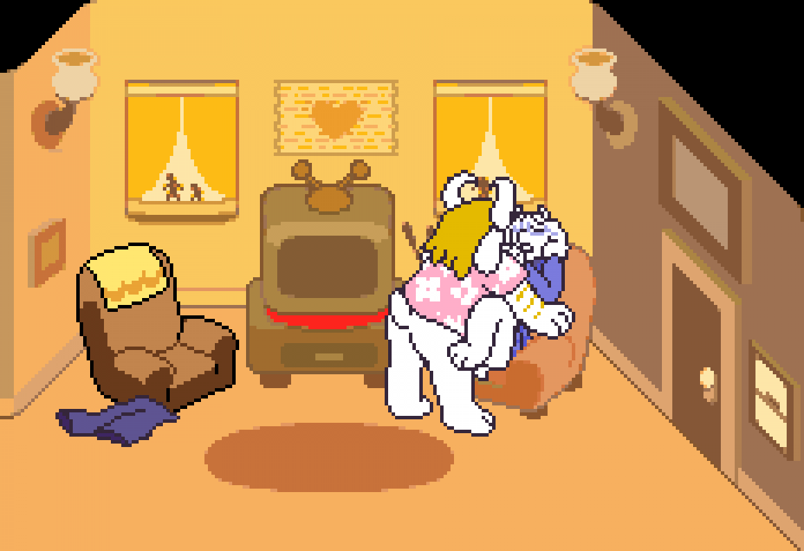 1boy 1girls accurate_art_style anthro anthro_on_anthro anthro_only asgore_dreemurr asgoriel blonde_hair bottomless closed_eyes clothed_sex deltarune furry furry_only goat goat_horns horn horns living_room missionary_position on_couch on_sofa penetration pixel_art purple_glasses serfuzzy standing straight toriel undertale undertale_(series) white_body white_fur