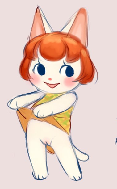 animal_crossing anthro blush clothed clothing clothing_lift domestic_cat dress dress_lift felicity_(animal_crossing) felid feline felis female genitals hair mammal niichan nintendo no_underwear open_mouth orange_hair presenting pussy simple_background smile solo standing video_games