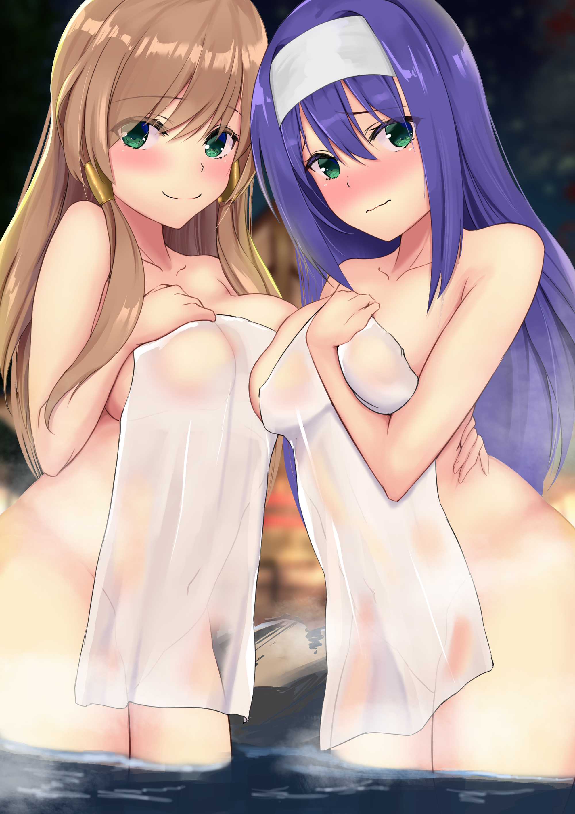 2girls, bath, big breasts, blush, breasts, brown hair, female, female only, fire emblem, fire emblem: radiant dawn, green eyes, hot spring, large breasts, long hair, looking at viewer, mia (fire emblem), mist (fire emblem), naked towel, nintendo, onsen, purple hair, small towel, smile, spekkio36, steam, towel
