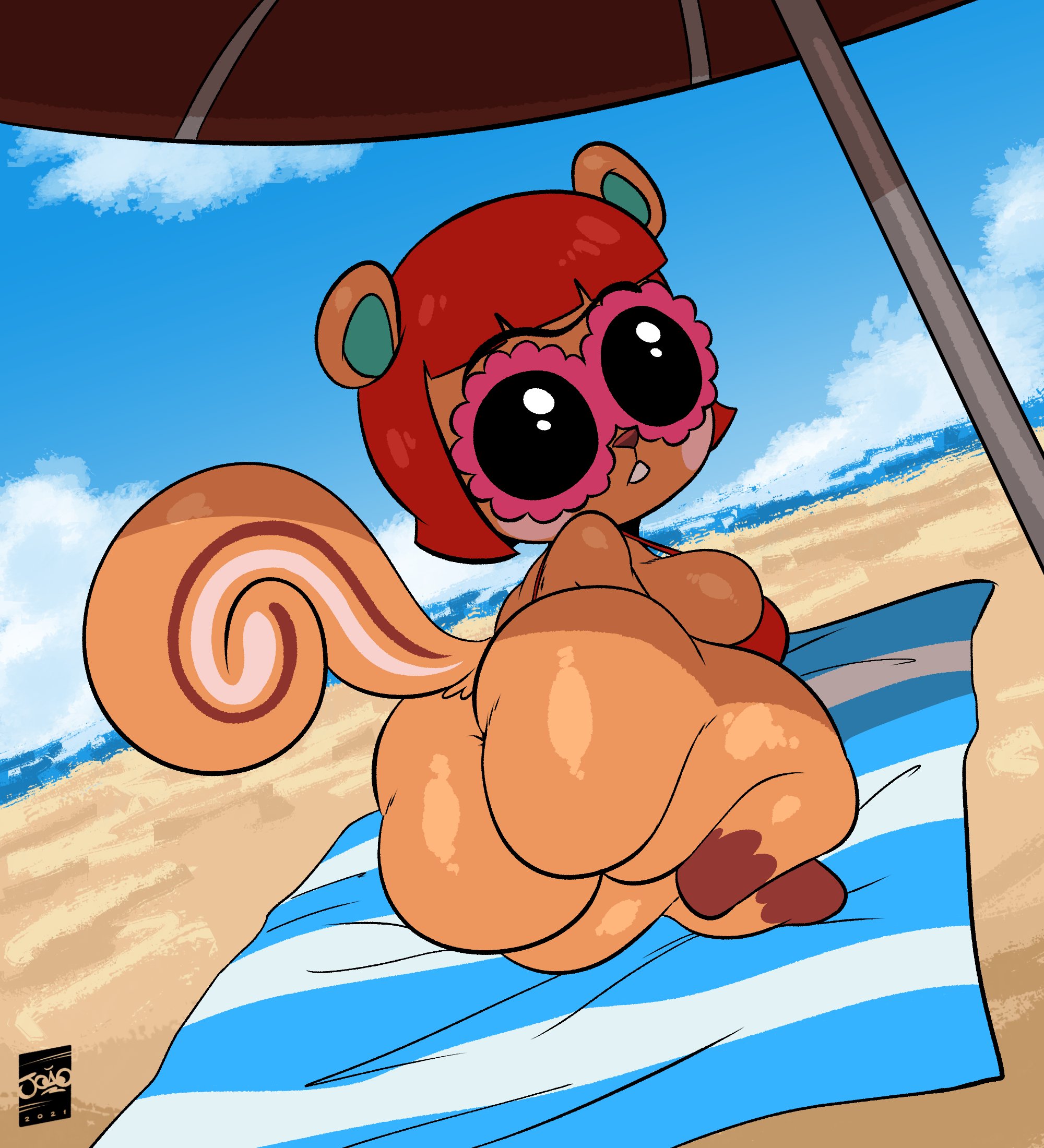 animal crossing, ass, beach, fur, furry, furry only, hazel (animal crossing), joaoppereiraus, nintendo, squirrel, sunglasses