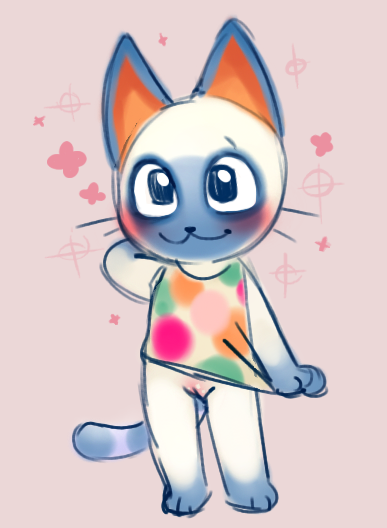 animal_crossing anthro blush bottomless clothed clothing domestic_cat felid feline felis female genitals mammal mitzi_(animal_crossing) niichan nintendo no_underwear presenting pussy shirt simple_background solo standing tank_top topwear video_games