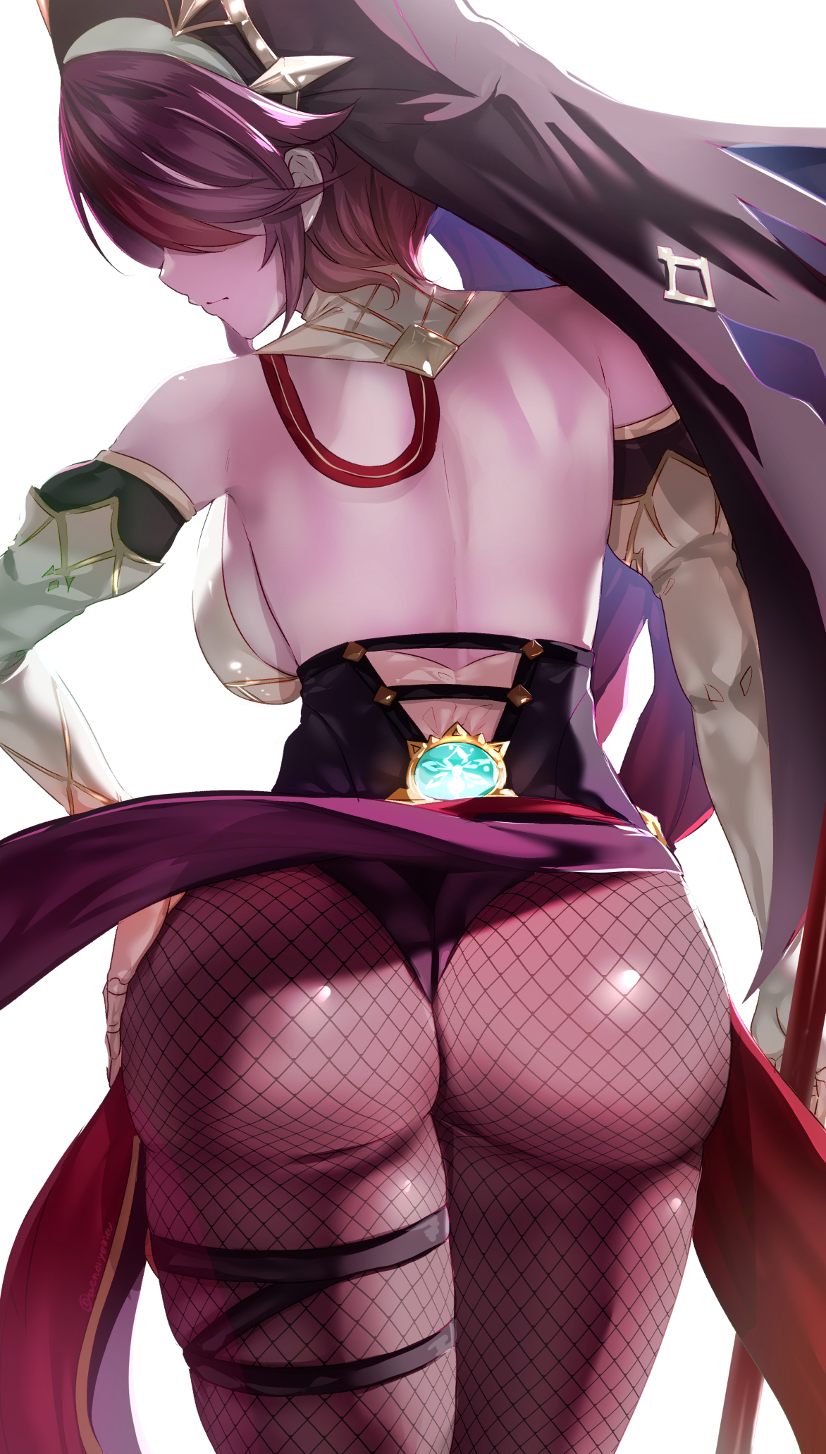 1girls, ass, back, back view, backboob, bangs, bare shoulders, big ass, breasts, closed mouth, cowboy shot, dress, elbow gloves, exposed ass, female, fishnet legwear, fishnet stockings, fishnets, from behind, genshin impact, gloves, hair over one eye, hand on hip, highres, huge ass, medium breasts, nun, pantyhose, purple dress, purple hair, purple headwear, purple legwear, rosaria (genshin impact), short hair, simple background, solo, thick thighs, thigh strap, thighs, uenoryoma, veil, vision (genshin impact), white background, white gloves