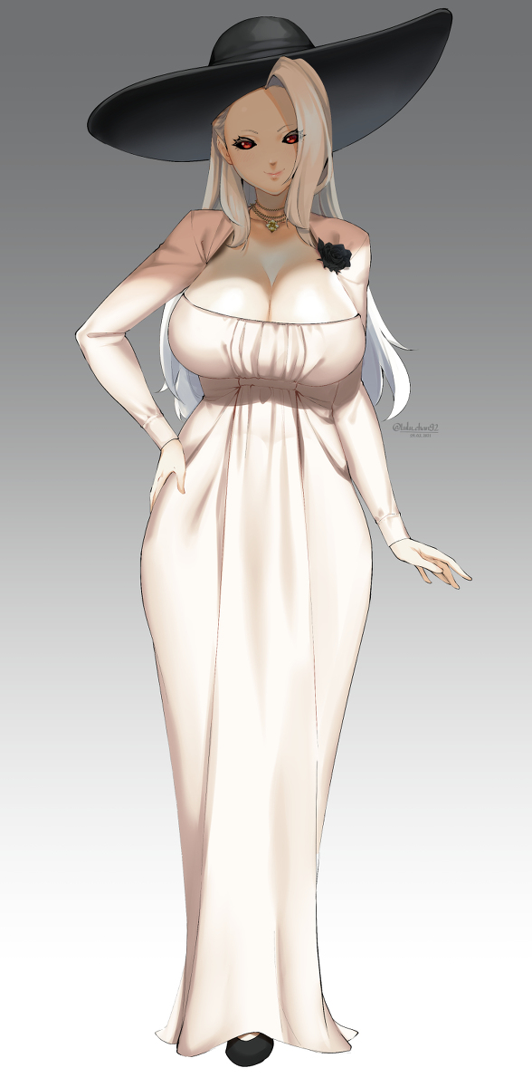 1girls, 2021, alcina dimitrescu (cosplay), big breasts, breasts, busty, capcom, cleavage, cosplay, female, female focus, female only, hat, huge breasts, large breasts, light-skinned female, lulu-chan92, milf, red eyes, resident evil, resident evil 8: village, rwby, salem (human) (rwby), salem (rwby), solo, white hair