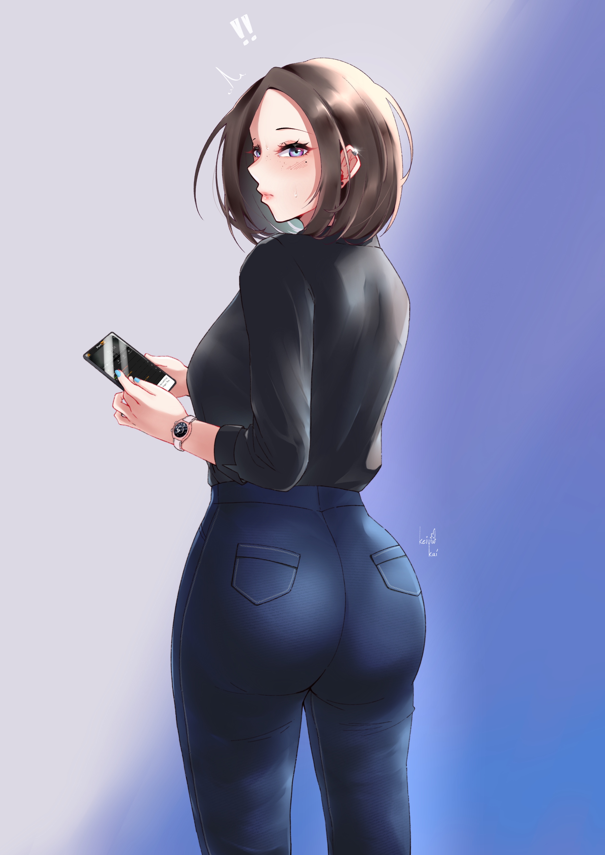 ass, blue eyes, female, fully clothed, jeans, looking back, phone, samsung, samsung sam, tagme