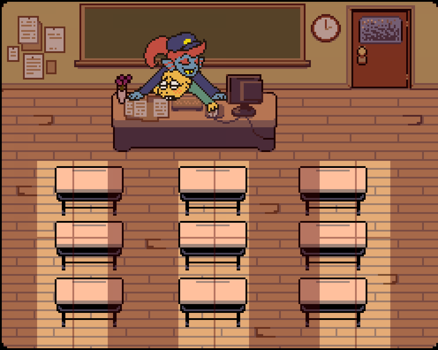 16-bit 1futa 1girls accurate_art_style alphys ambiguous_penetration aquatic blue_clothing classroom clock clothed clothing computer deltarune desk flowers futanari glasses implied_futanari implied_penetration on_desk pixel_art police police_uniform policewoman red_hair school serfuzzy sharp_teeth smile teacher undertale_(series) undyne undyne_(deltarune) vase