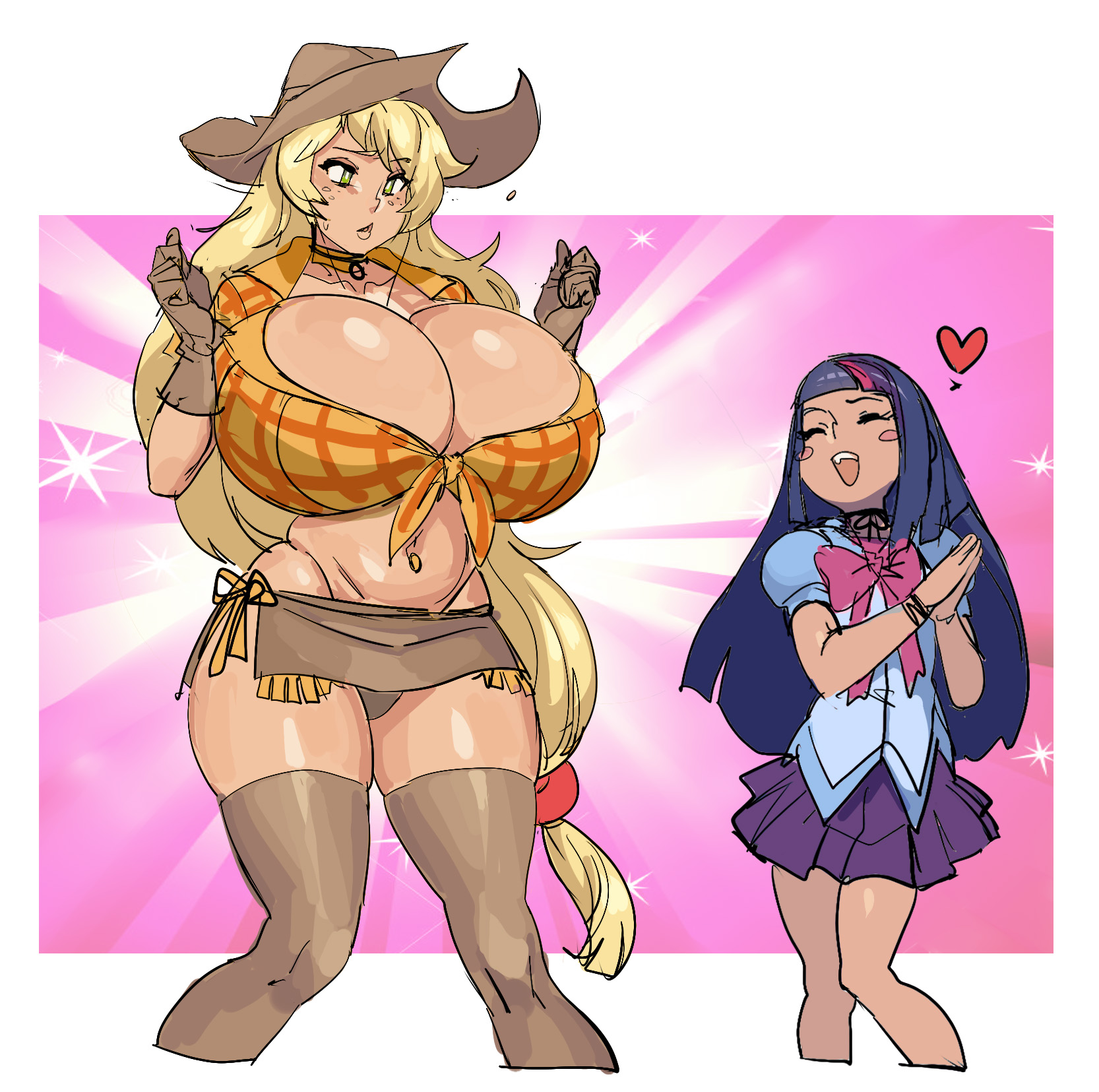 2girls, applejack (mlp), big breasts, breast expansion, breast growth, breast growth (enlargement), breasts, cleavage, equestria girls, female, female only, friendship is magic, huge breasts, large breasts, maniacpaint, my little pony, tagme, thick, twilight sparkle (mlp)