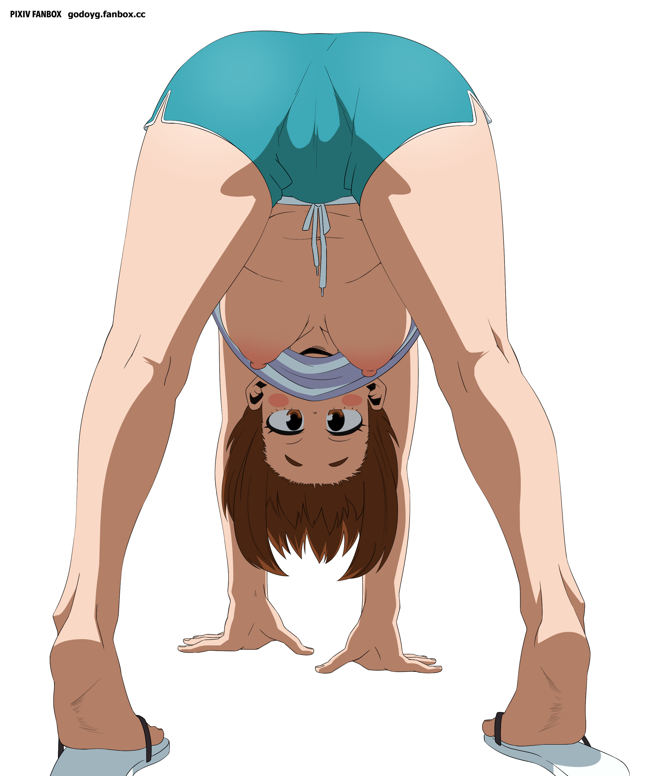 1girls, ass, blush, breast outside, breasts, brown hair, brown-haired female, cameltoe, clothing, doggy style, feet, felipe godoy, female, female focus, female only, gym shorts, hi res, looking at viewer, looking back, looking through legs, medium hair, my hero academia, no bra, ochako uraraka, presenting hindquarters, sandals, shirt, short hair, short shorts, shorts, soles, solo, solo female, solo focus, uncensored, underboob