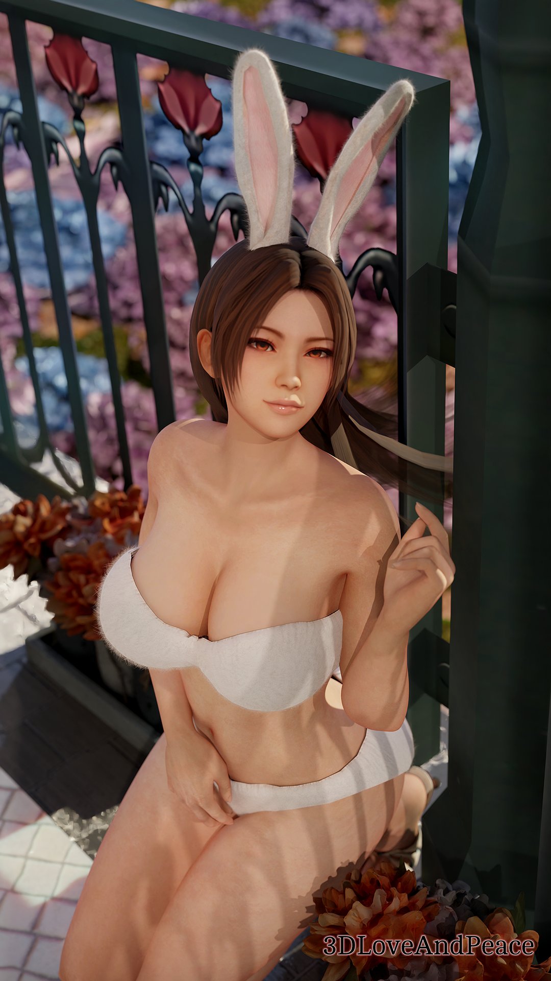 1girls, 3d, 3dloveandpeace, bikini, breasts, brown hair, bunny ears, fatal fury, female, king of fighters, large breasts, looking at viewer, mai shiranui, snk